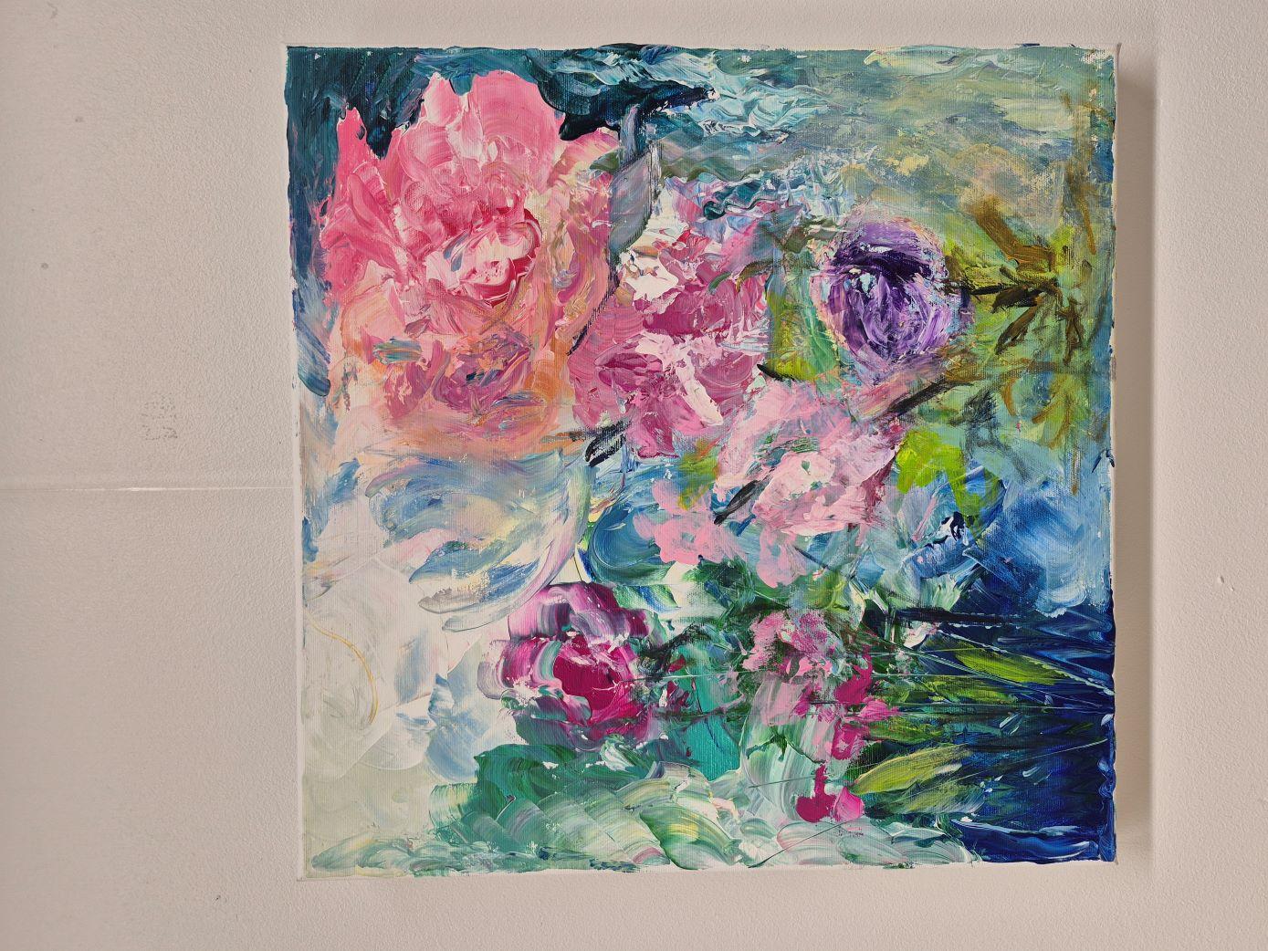 This artwork presents a dynamic explosion of colors and textures, showcasing a vibrant interpretation of floral beauty. Dominated by pastel pinks and blues, the composition captures the essence of blooming flowers through bold, expressive