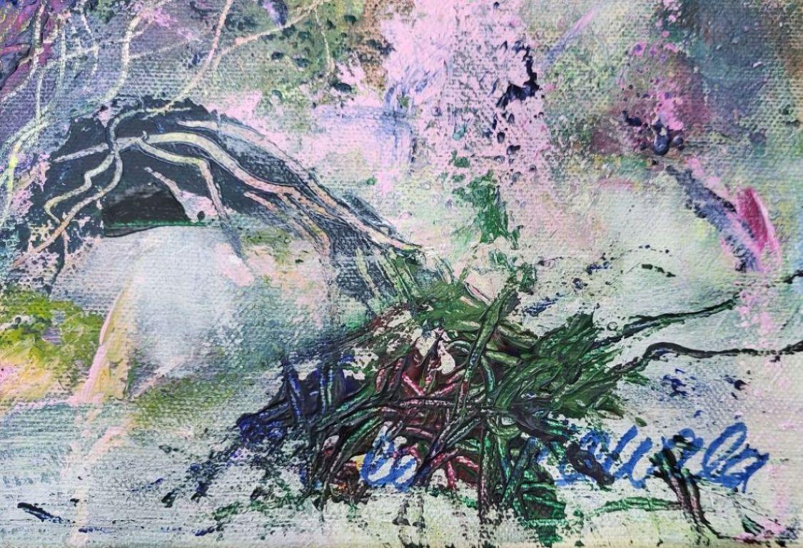 This vibrant artwork captures an ethereal garden scene through an impressionistic approach, characterized by its bold brushstrokes and dynamic color palette. Pink florals dominate the composition, their lush layers providing a captivating focal