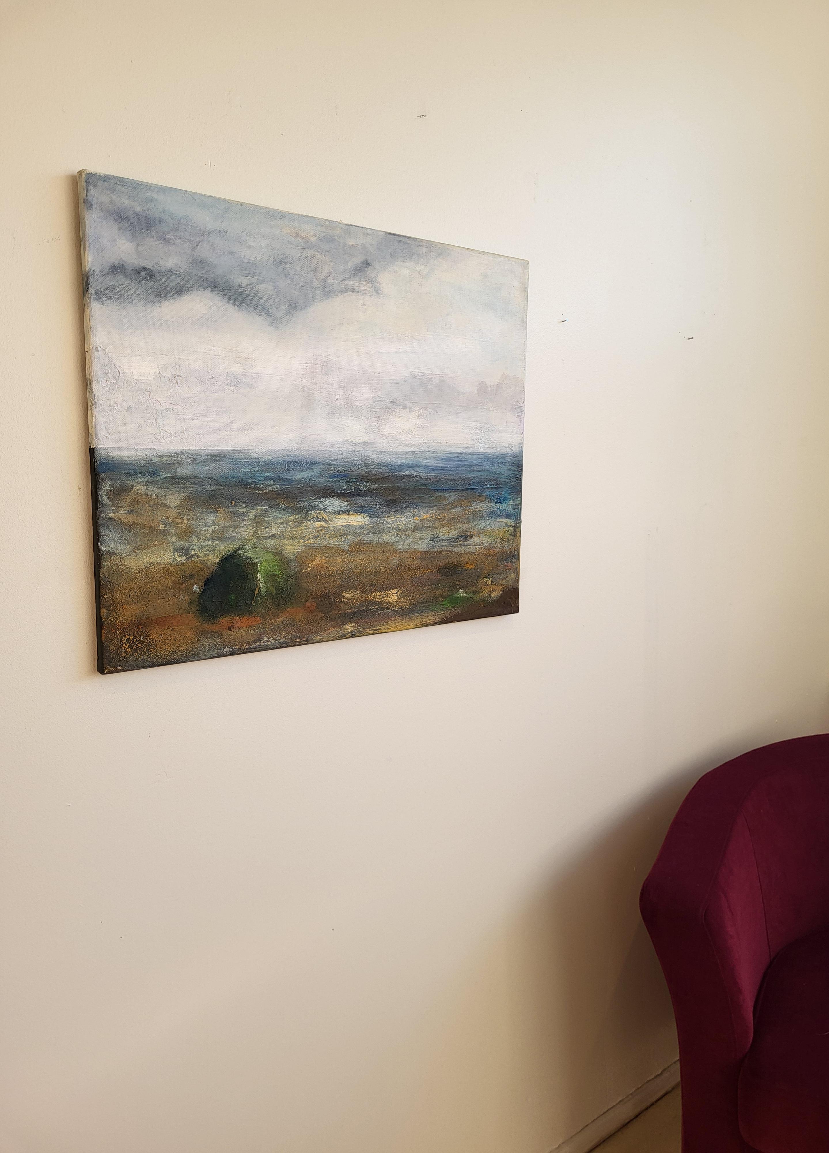 This artwork presents a mesmerizing seascape, characterized by its layered composition and muted color palette. The horizon stretches across the canvas, seamlessly blending the blurred distinction between sea and sky. The artist employs soft,