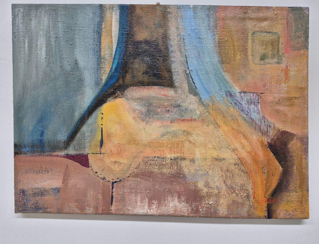 Dieses Kunstwerk ist eine auffallende abstrakte Komposition, die eine Mischung aus Farben und Formen meisterhaft einsetzt, um Tiefe und Bewegung zu erzeugen. Satte Blau-, Orange- und Erdtöne gehen nahtlos ineinander über und schaffen ein dynamisches