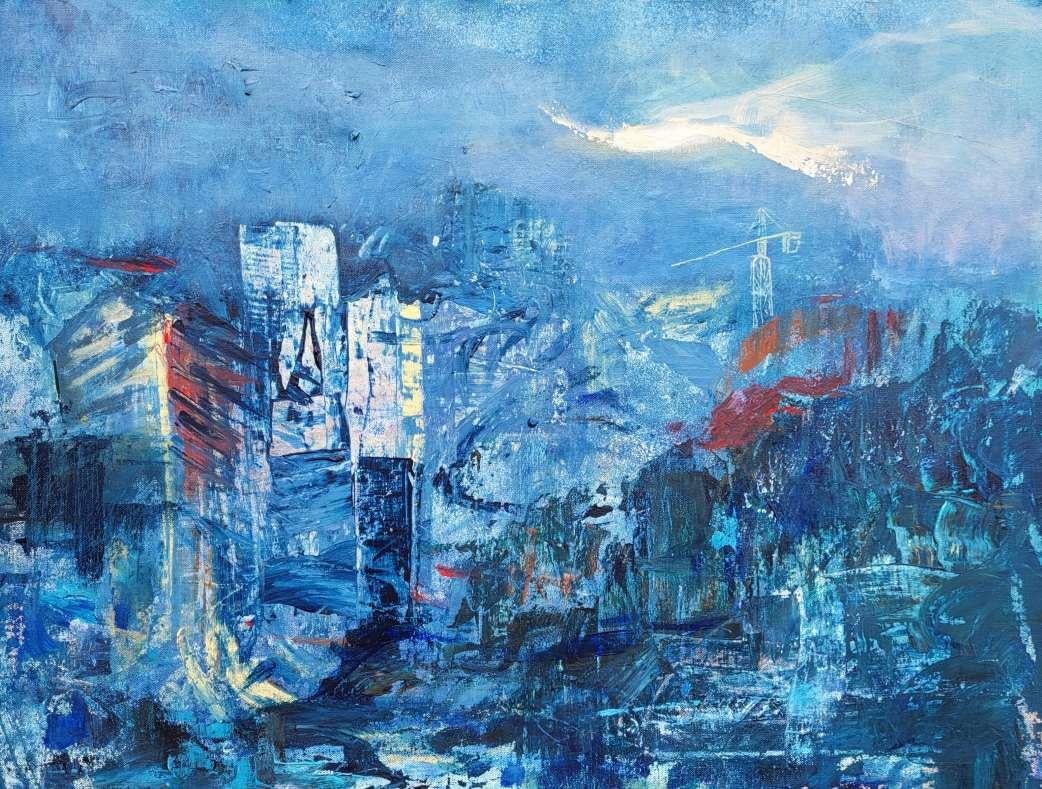 Lea Karvala Landscape Painting – The blue moment of the evening