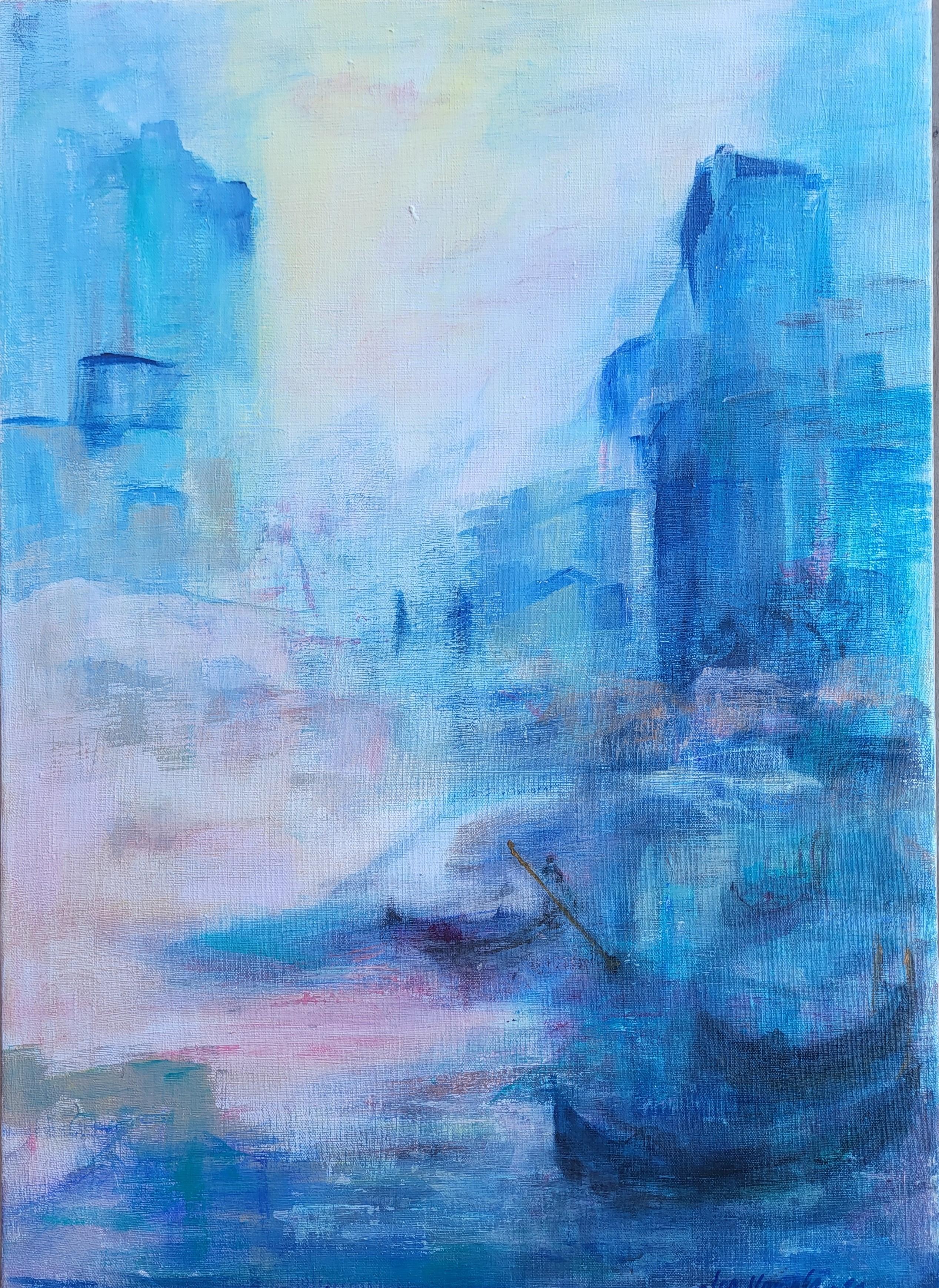 Dieses stimmungsvolle Kunstwerk zeigt eine traumhafte Stadtlandschaft in weichen, gedämpften Tönen. Ein ruhiger Fluss schlängelt sich durch die Szene, auf dem sanft gleitende Boote ein Gefühl der Ruhe vermitteln. Hoch aufragende Strukturen,