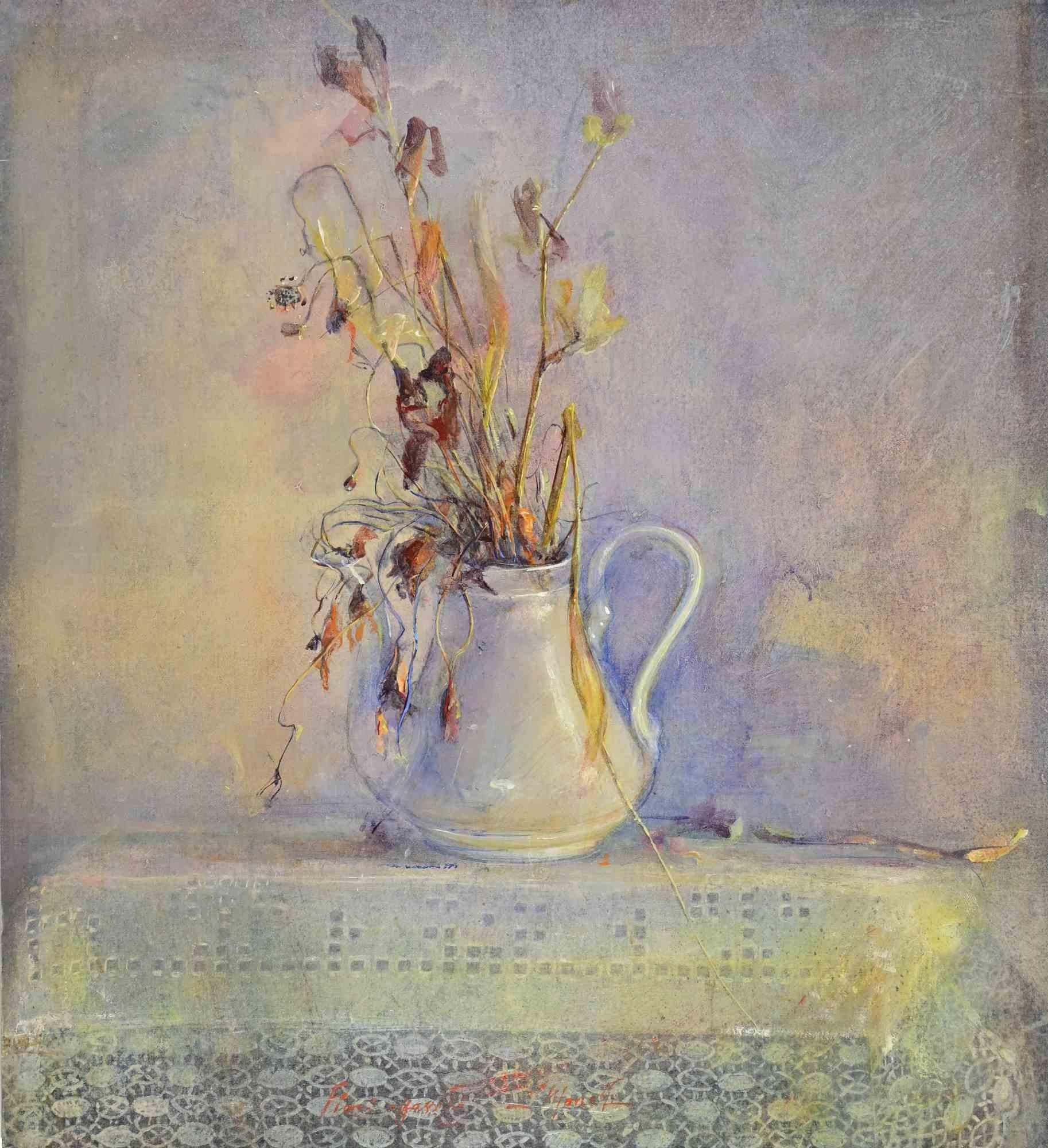 Bodegón con jarra blanca - Pintura de Lea Monetti - Años 90 en venta 1