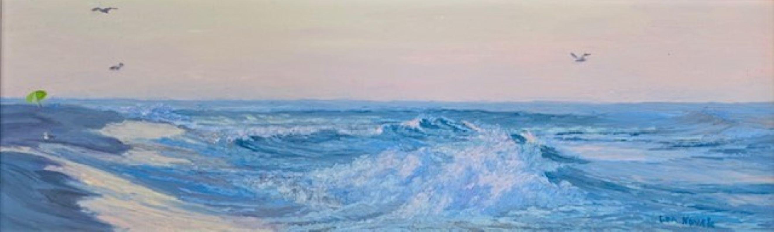 Twilight on the Beach, original contemporary marine landscape oil painting - Painting by Lea Novak