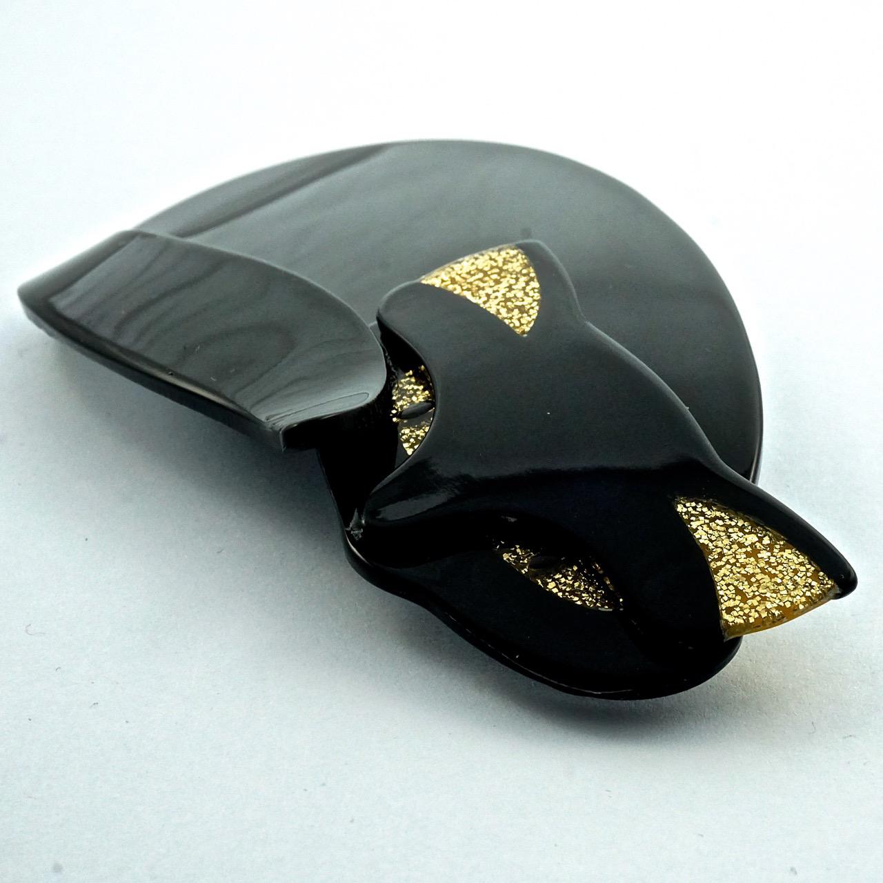 Women's or Men's Lea Stein Black and Gold Sparkly Mistigri Cat Brooch