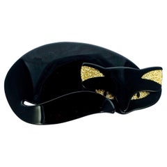 Lea Stein Broche chat Mistigri noir et or pailleté