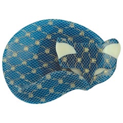 Lea Stein Blue Gomina Cat Brooch with White Lace and Golden Thread 