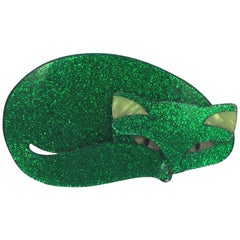 Lea Stein Green Sparkly Mistigri Cat Brooch