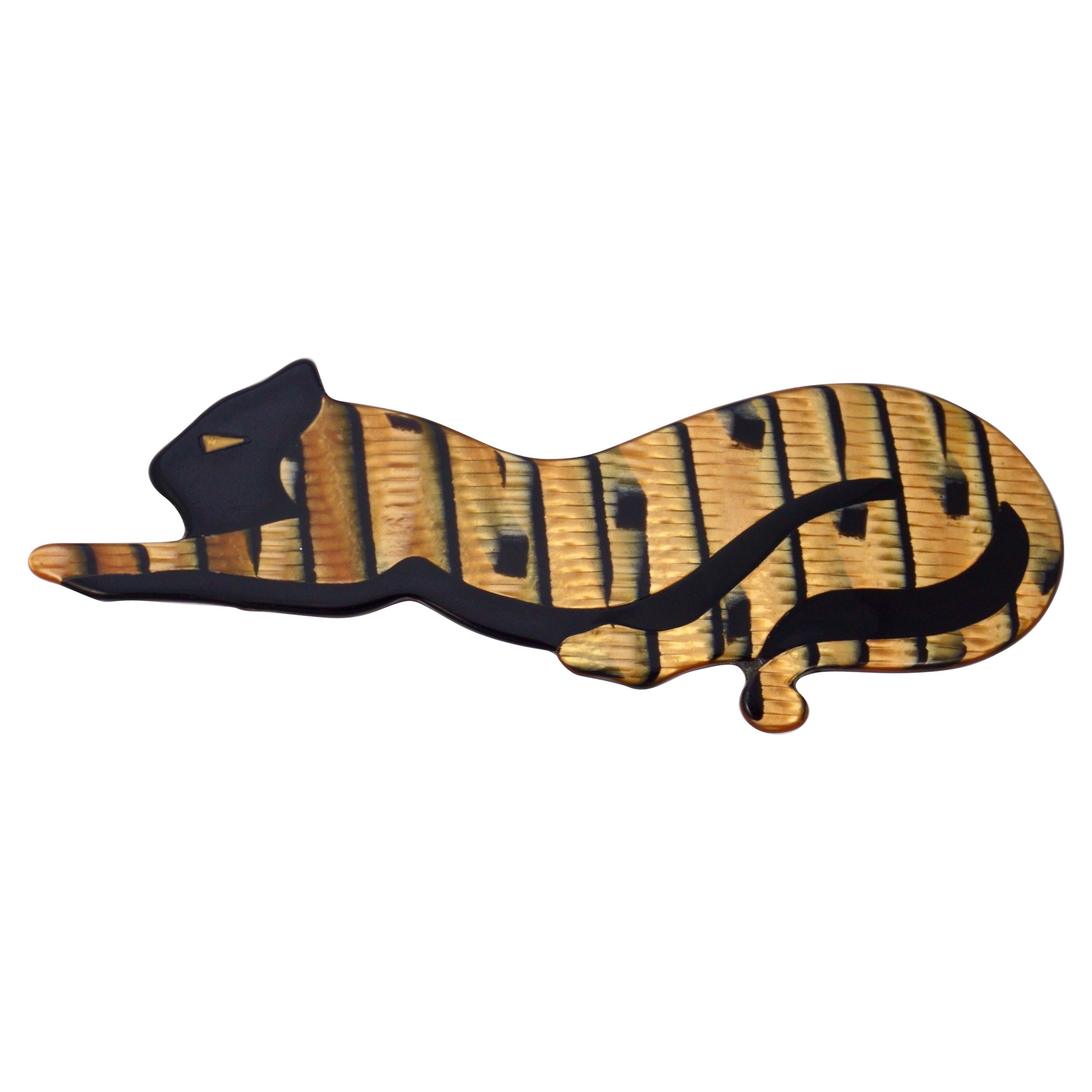 Lea Stein Iridescent Gold and Black Panther Brooch For Sale
