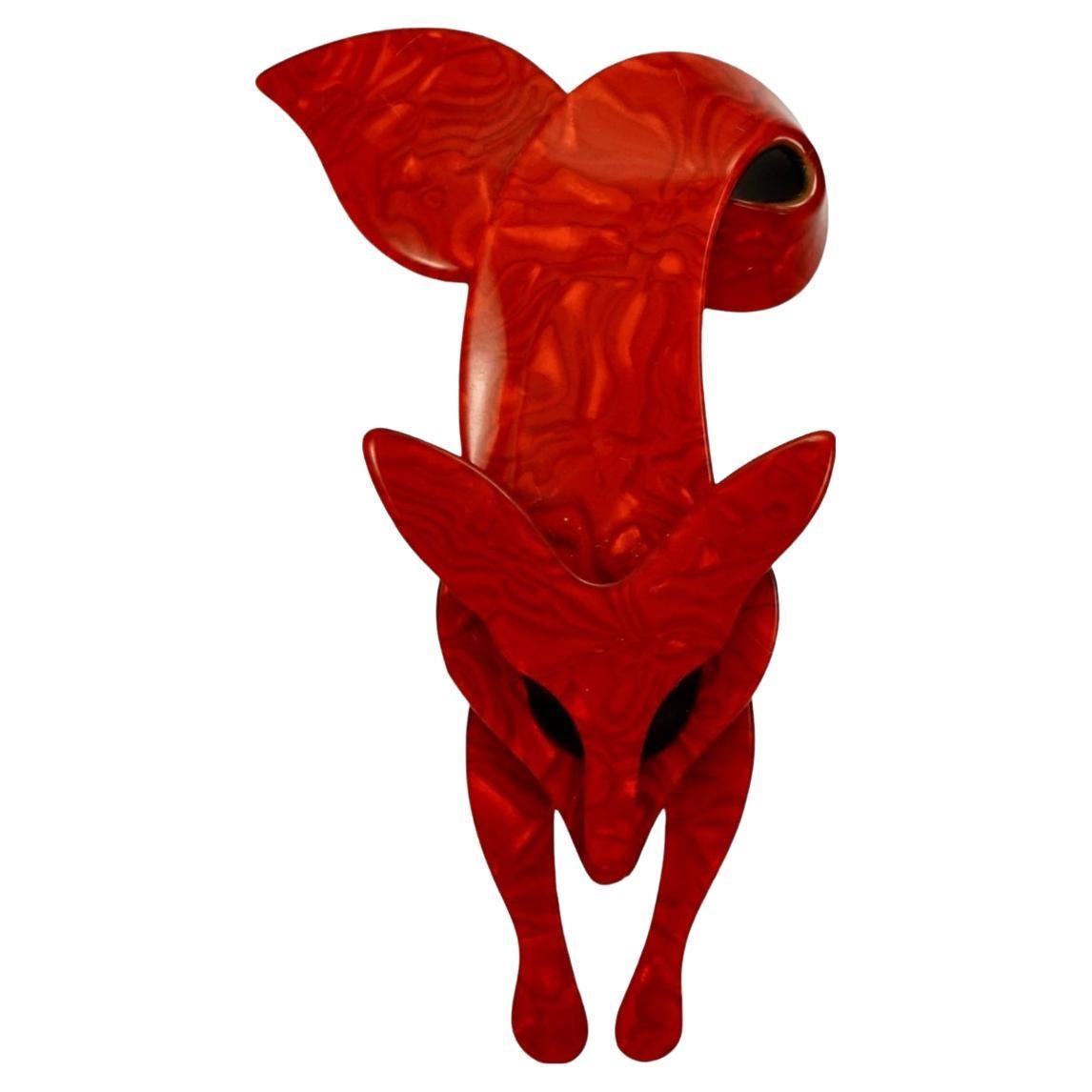 Lea Stein Red Marbled Fox Brooch with Black Eyes  For Sale