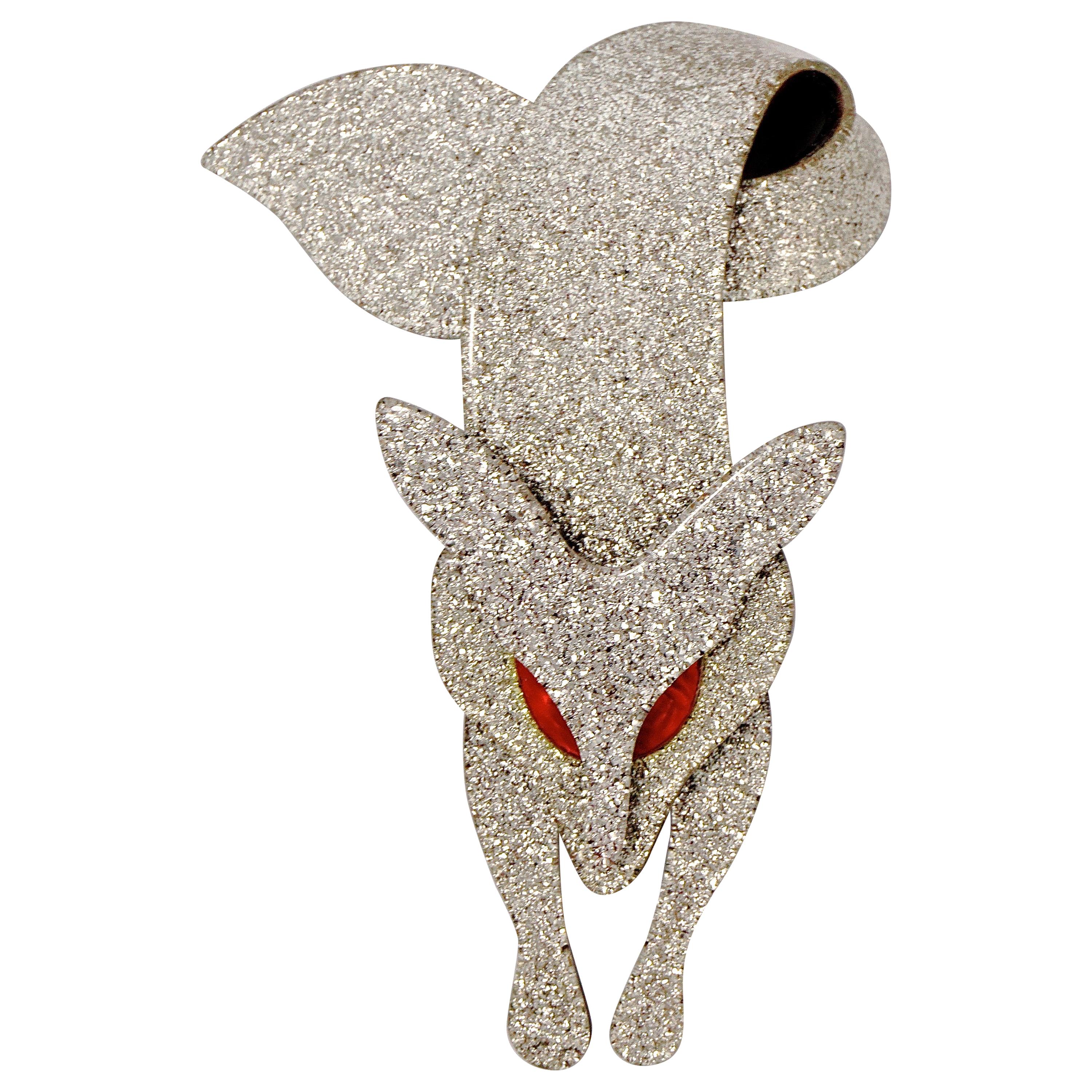 Lea Stein Silver Sparkly Fox Brooch with Red Eyes