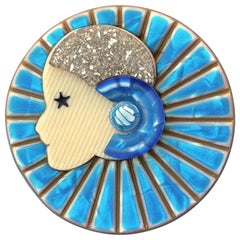 Vintage Lea Stein Turquoise, Blue and Silver Sparkle Full Collarette Brooch
