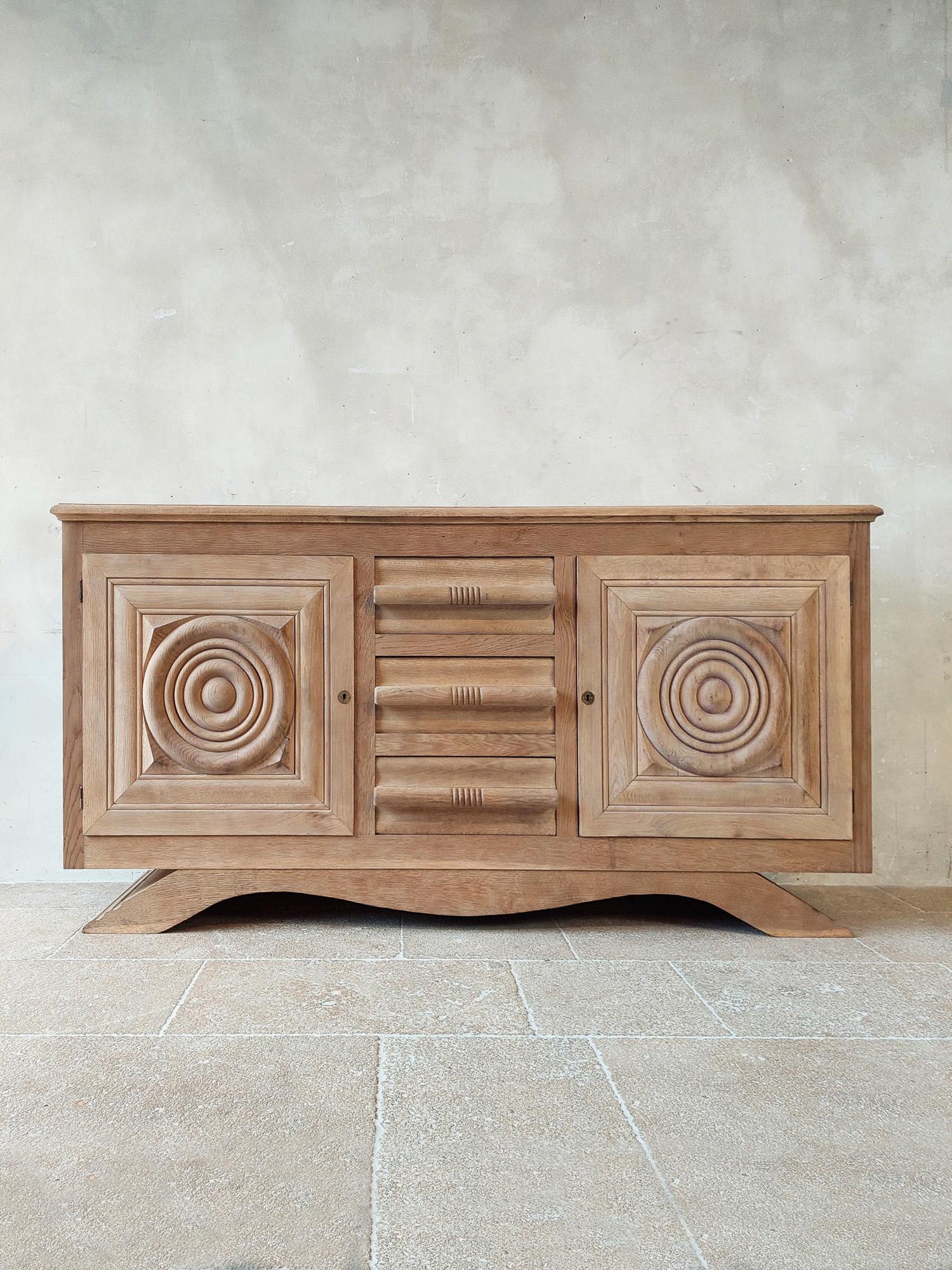 Brutalist Leached Oak Sideboard by Charles Dudouyt 1940s