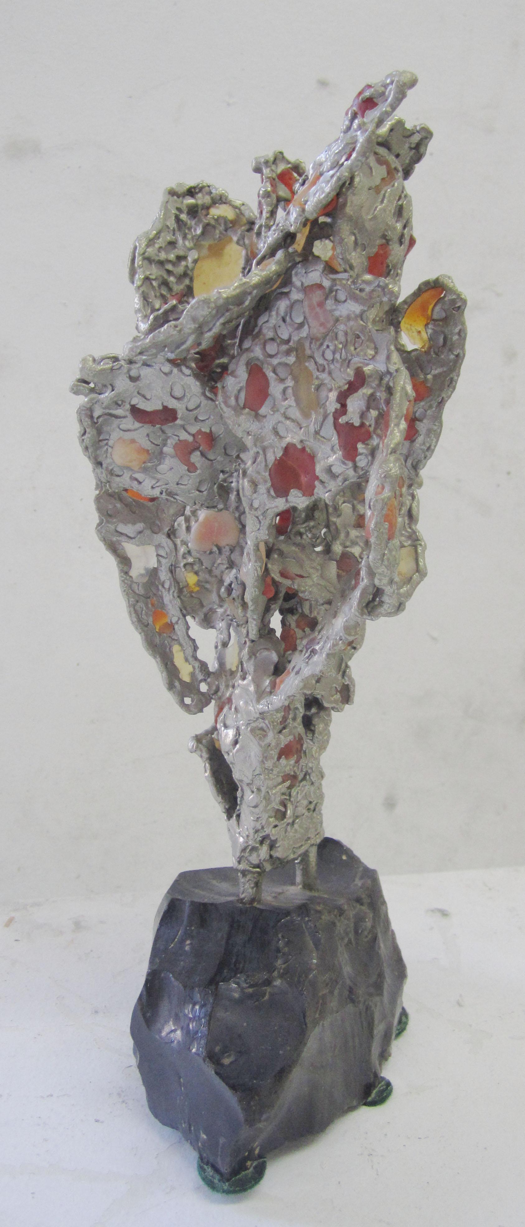 Mid-Century Modern Lead Abstract Sculpture with Obsidian Base and Agate Inserts For Sale