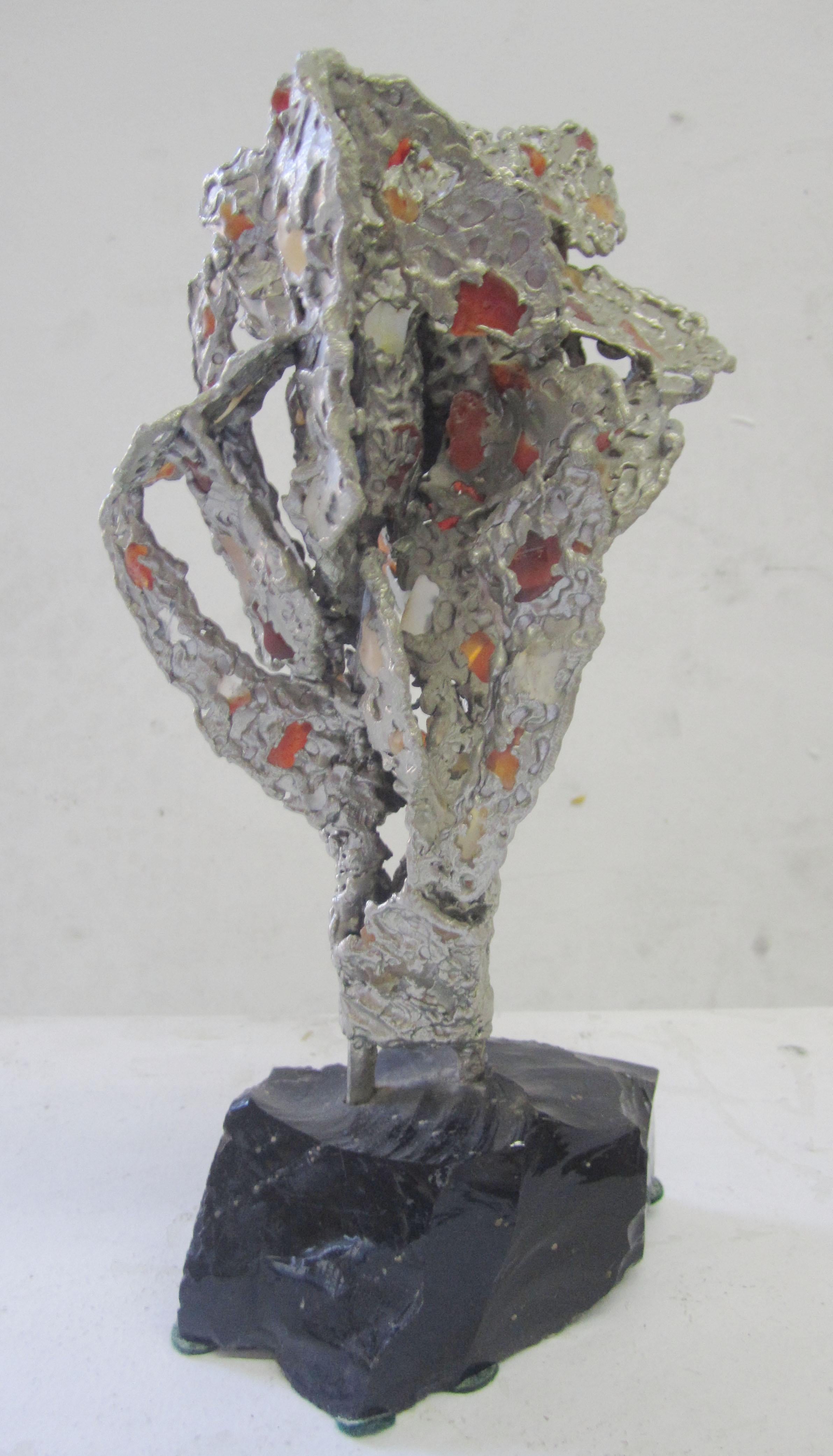 American Lead Abstract Sculpture with Obsidian Base and Agate Inserts For Sale