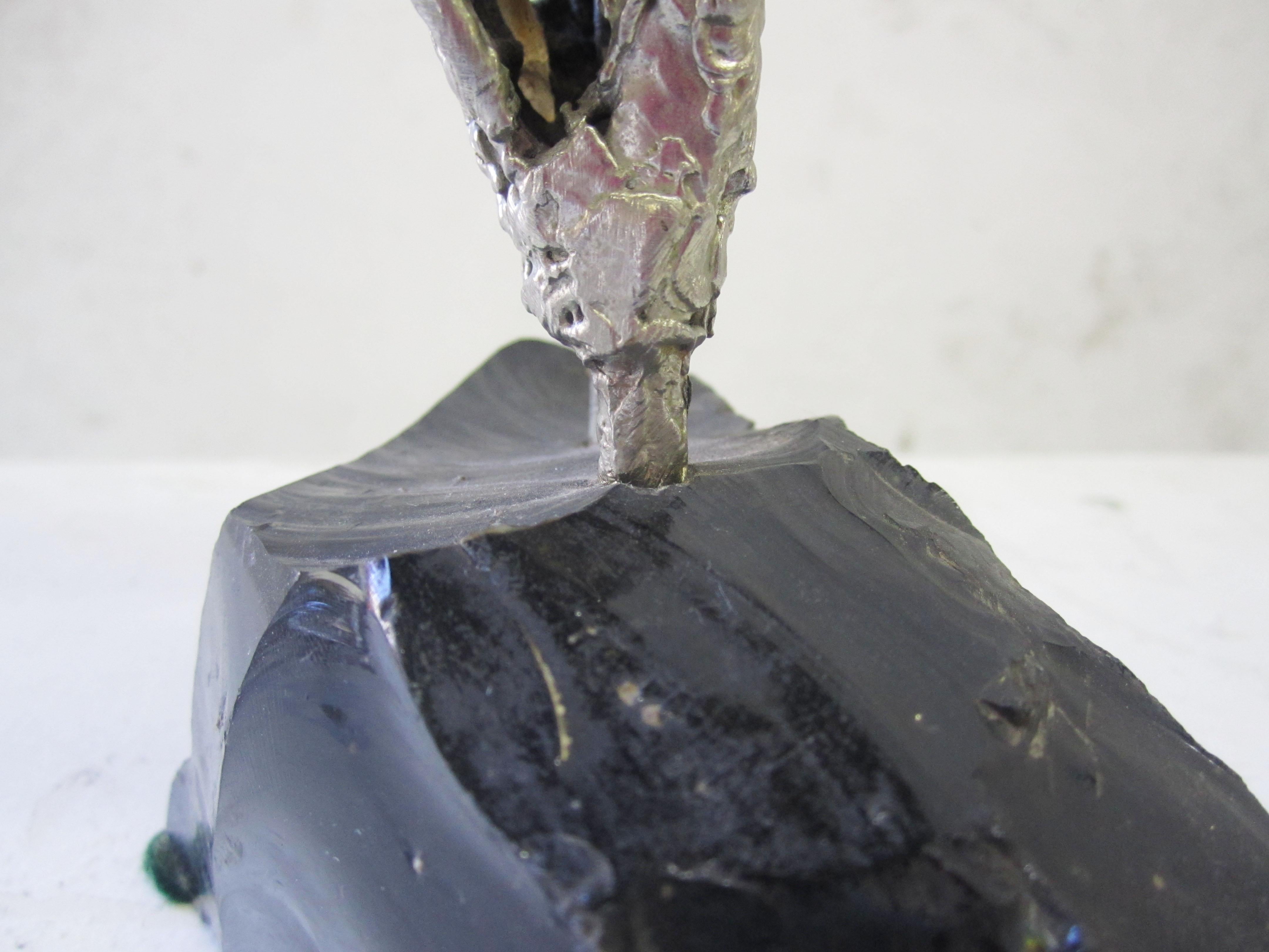 20th Century Lead Abstract Sculpture with Obsidian Base and Agate Inserts For Sale