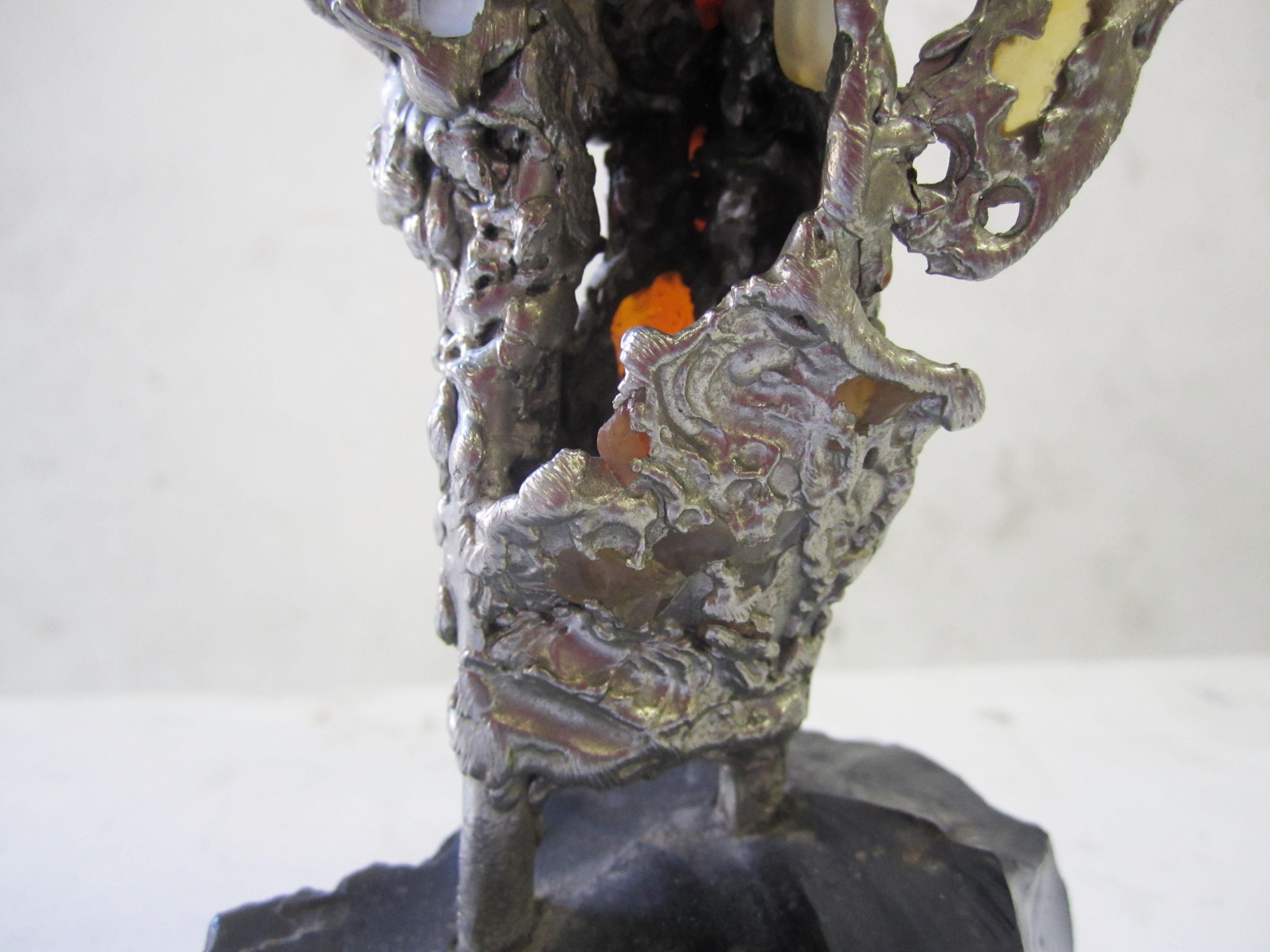 Lead Abstract Sculpture with Obsidian Base and Agate Inserts For Sale 1