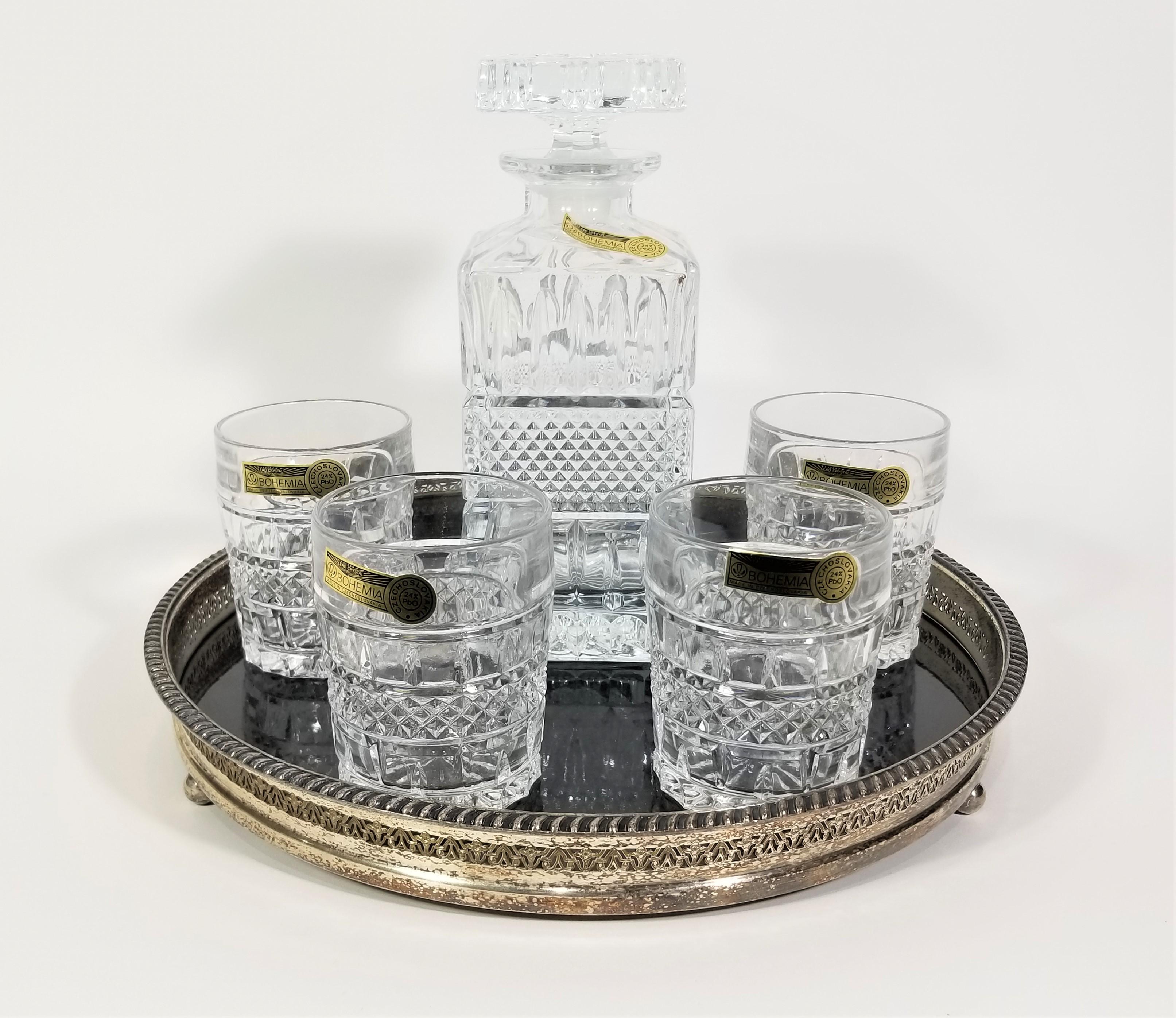 Lead Crystal Decanter Barware Glassware Set Bohemia Czech Mid Century Unused In Excellent Condition In New York, NY