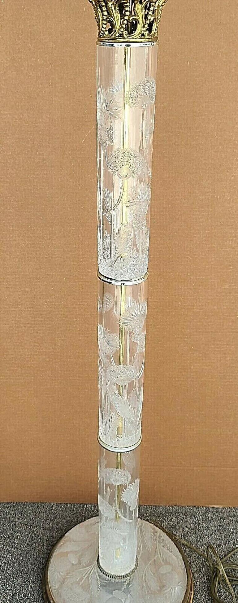 Brass Lead Crystal Floor Lamp Vintage Signed Cut Thistle Pattern For Sale