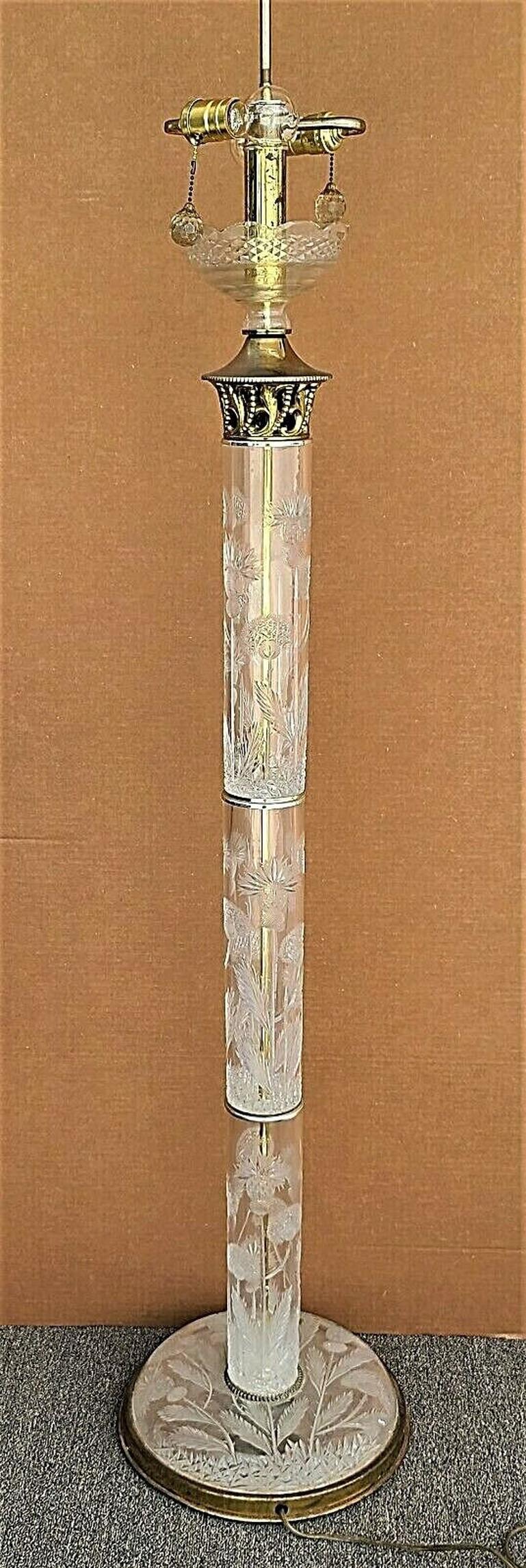 Lead Crystal Floor Lamp Vintage Signed Cut Thistle Pattern For Sale 1