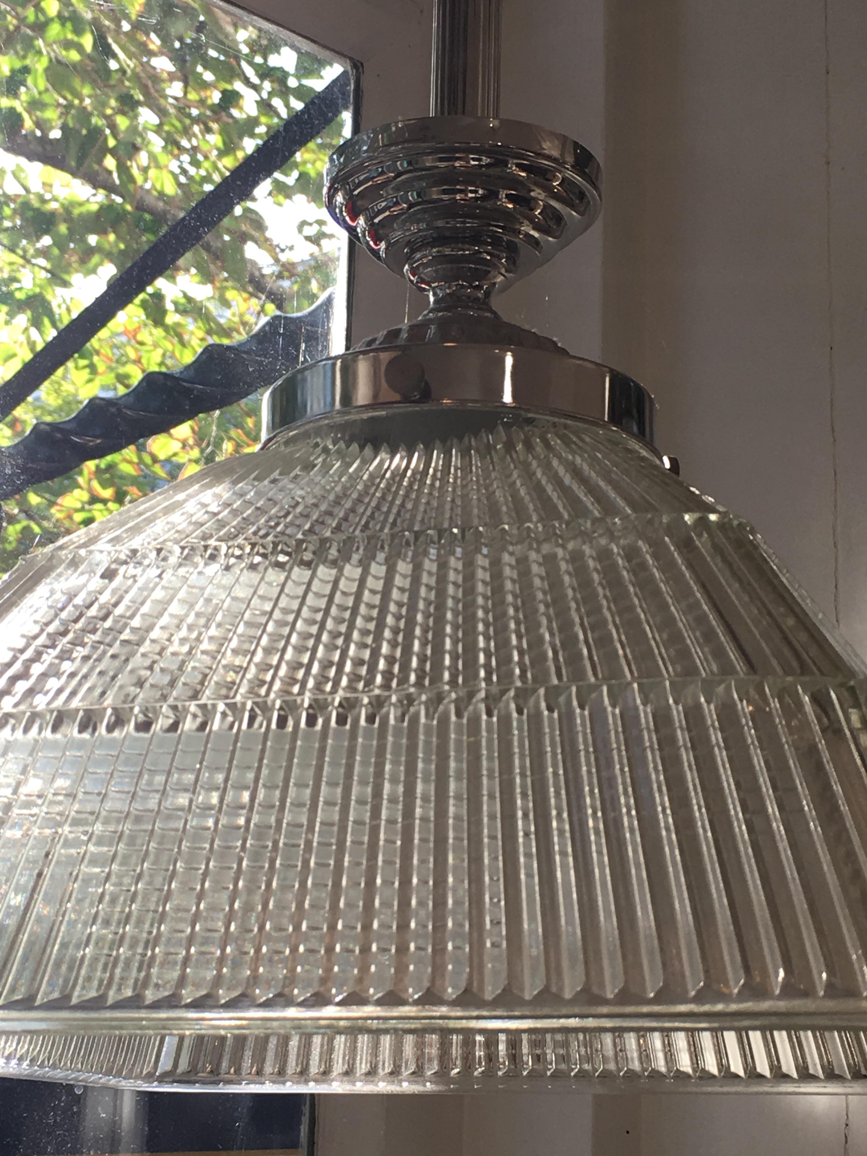 Lead Crystal Holophane Shade Pendant Lights on Nickel Stems In Excellent Condition In Nantucket, MA