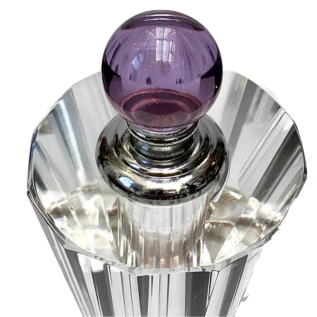 
Fabulous large lead crystal perfume bottle with a silver tone and lilac ball top, and featuring a ball base with bubbles inside. Measuring height 17 cm / 6.6 inches by diameter at the top 5.8 cm / 2.28 inches. The perfume bottle is in very good