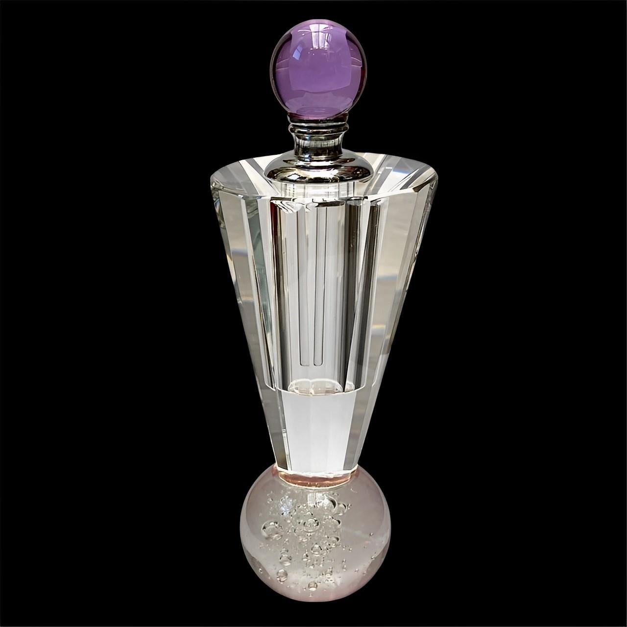 20th Century Lead Crystal Perfume Bottle with a Lilac Ball Top and Ball Base with Bubbles For Sale