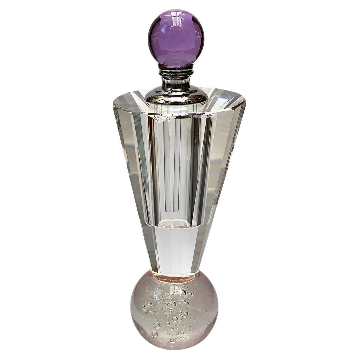 Lead Crystal Perfume Bottle with a Lilac Ball Top and Ball Base with Bubbles For Sale