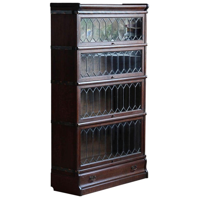Lead Glass Sectional Barrister Bookcase, Oak Barrister Bookcase With Leaded Glass