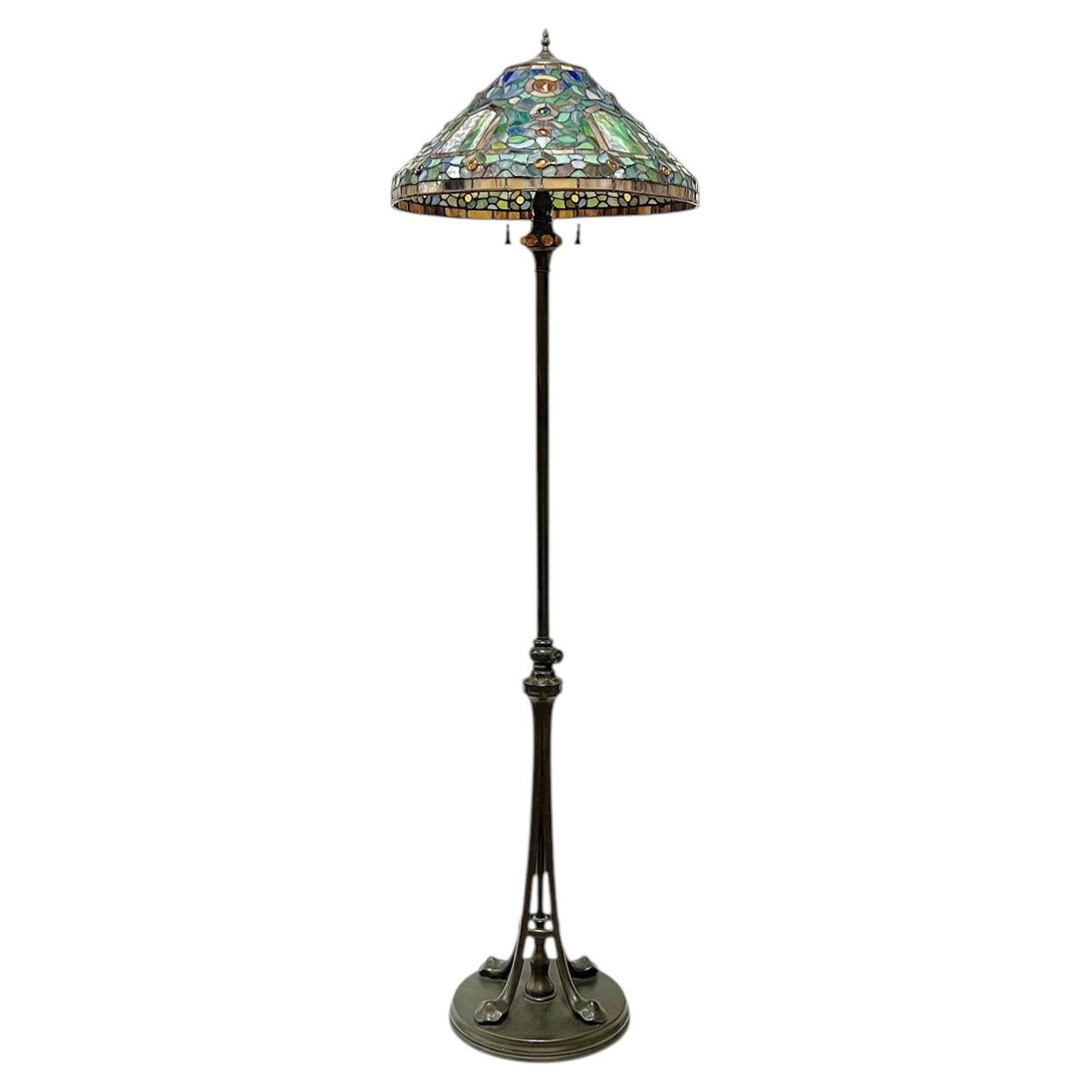 Leaded Glass and Metal Floor Lamp in Manner of Louis Comfort Tiffany For Sale