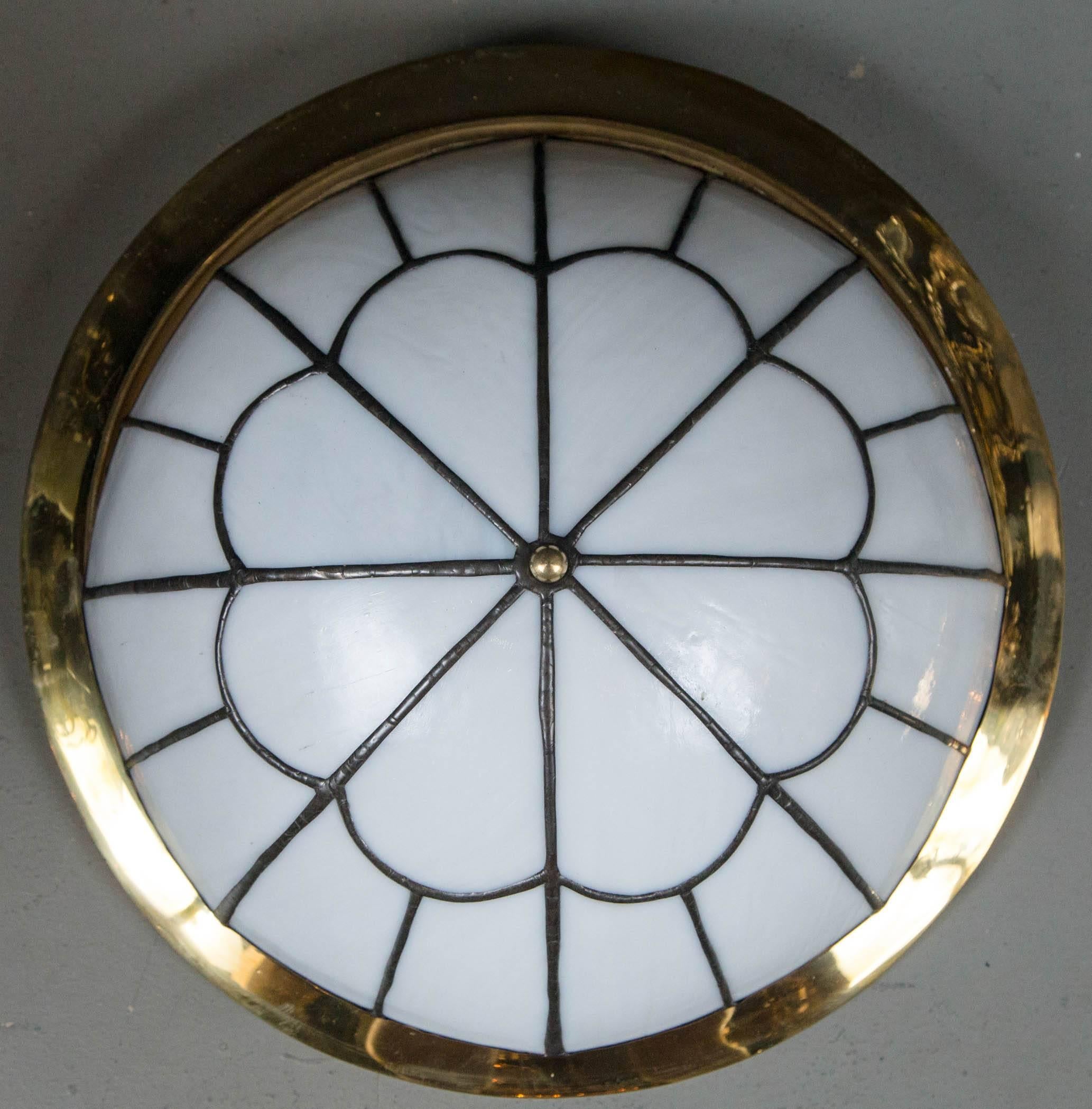 Leaded Glass Flush Mounted Light Fixtures with Interior Lights In Excellent Condition For Sale In Stamford, CT