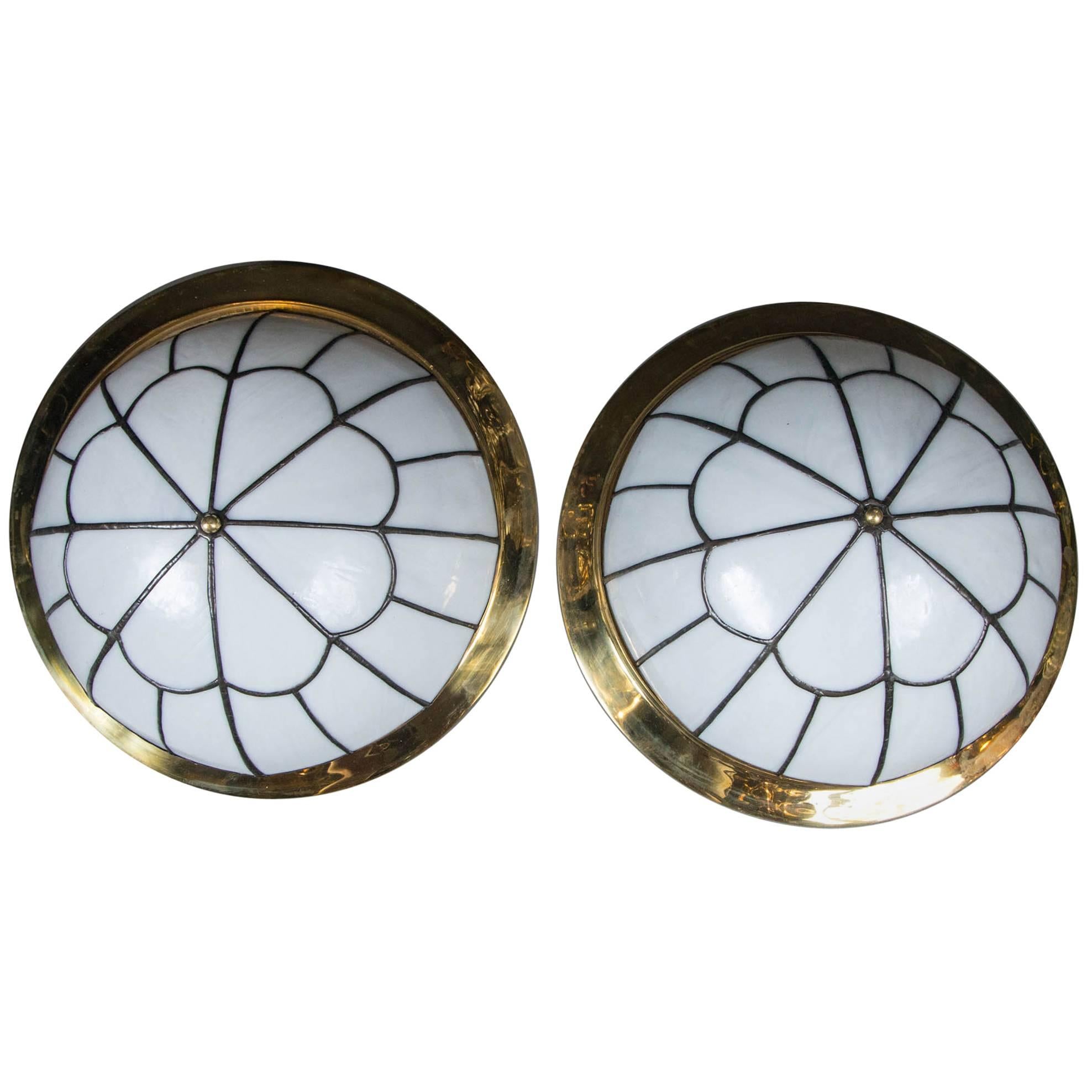 Leaded Glass Flush Mounted Light Fixtures with Interior Lights For Sale