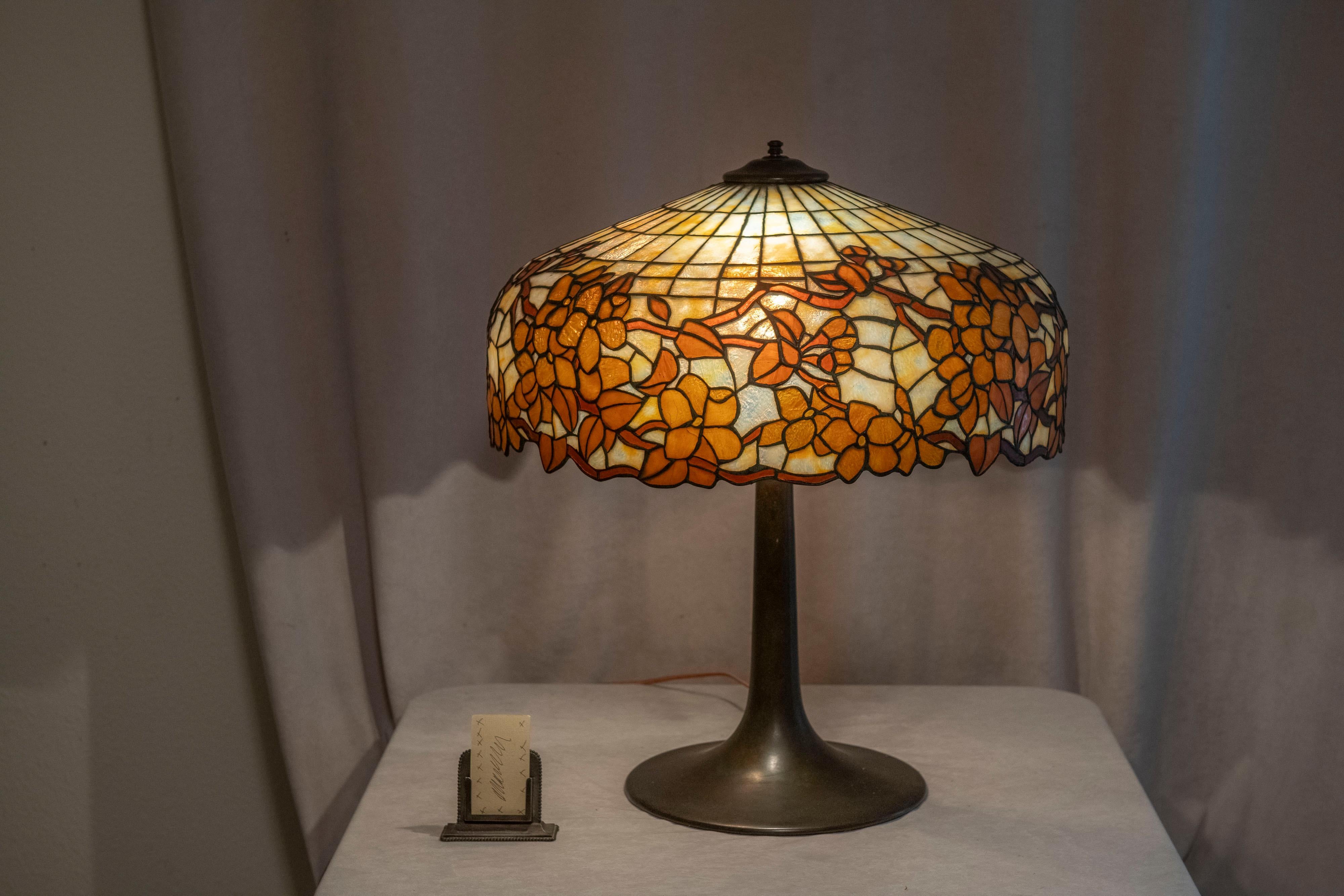 Leaded Glass Lamp, Fall Colors Floral, by Lamb Bros. ca. 1915 In Excellent Condition In Petaluma, CA