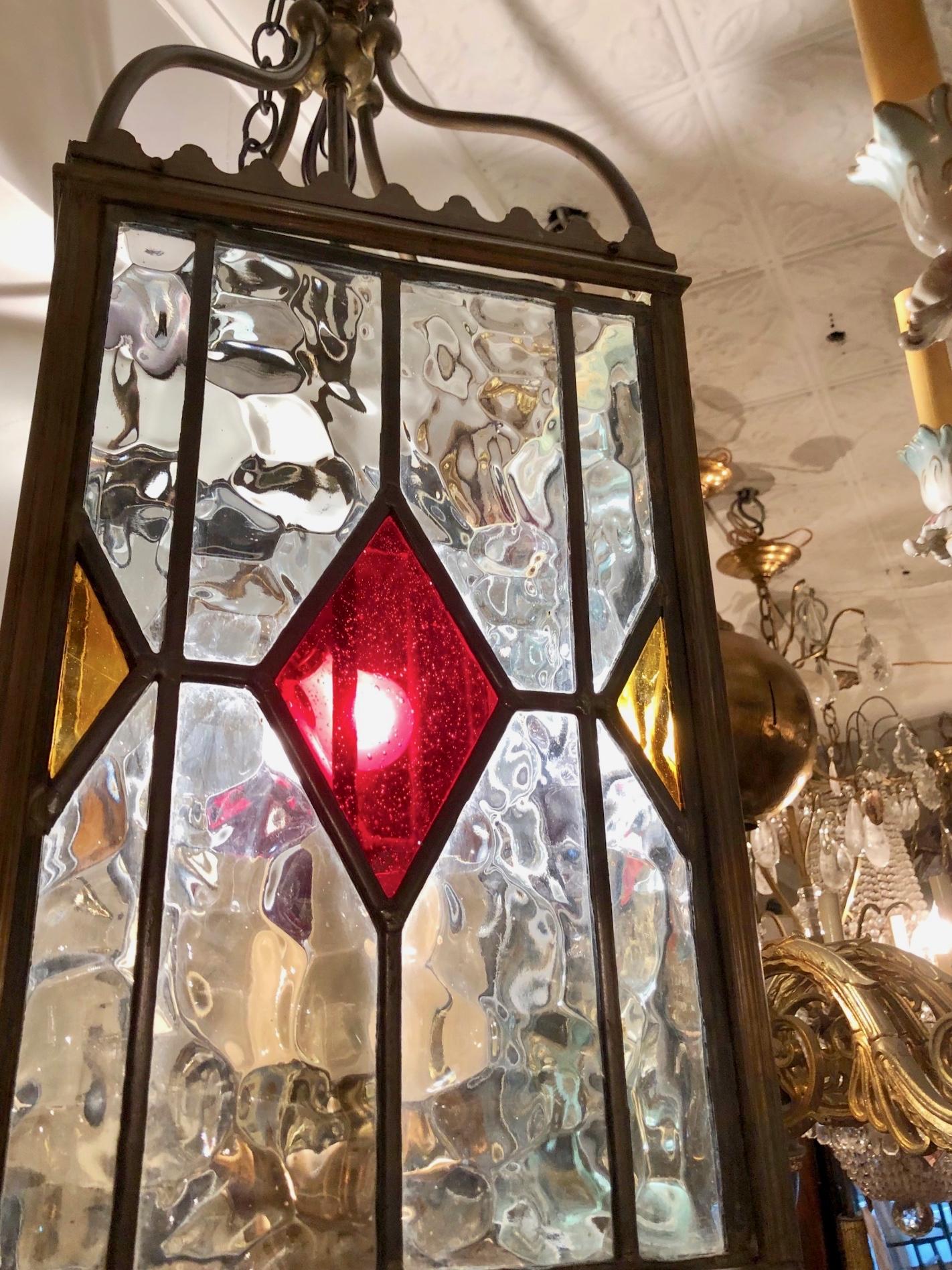 English Bronze and Leaded Glass Lantern For Sale 2