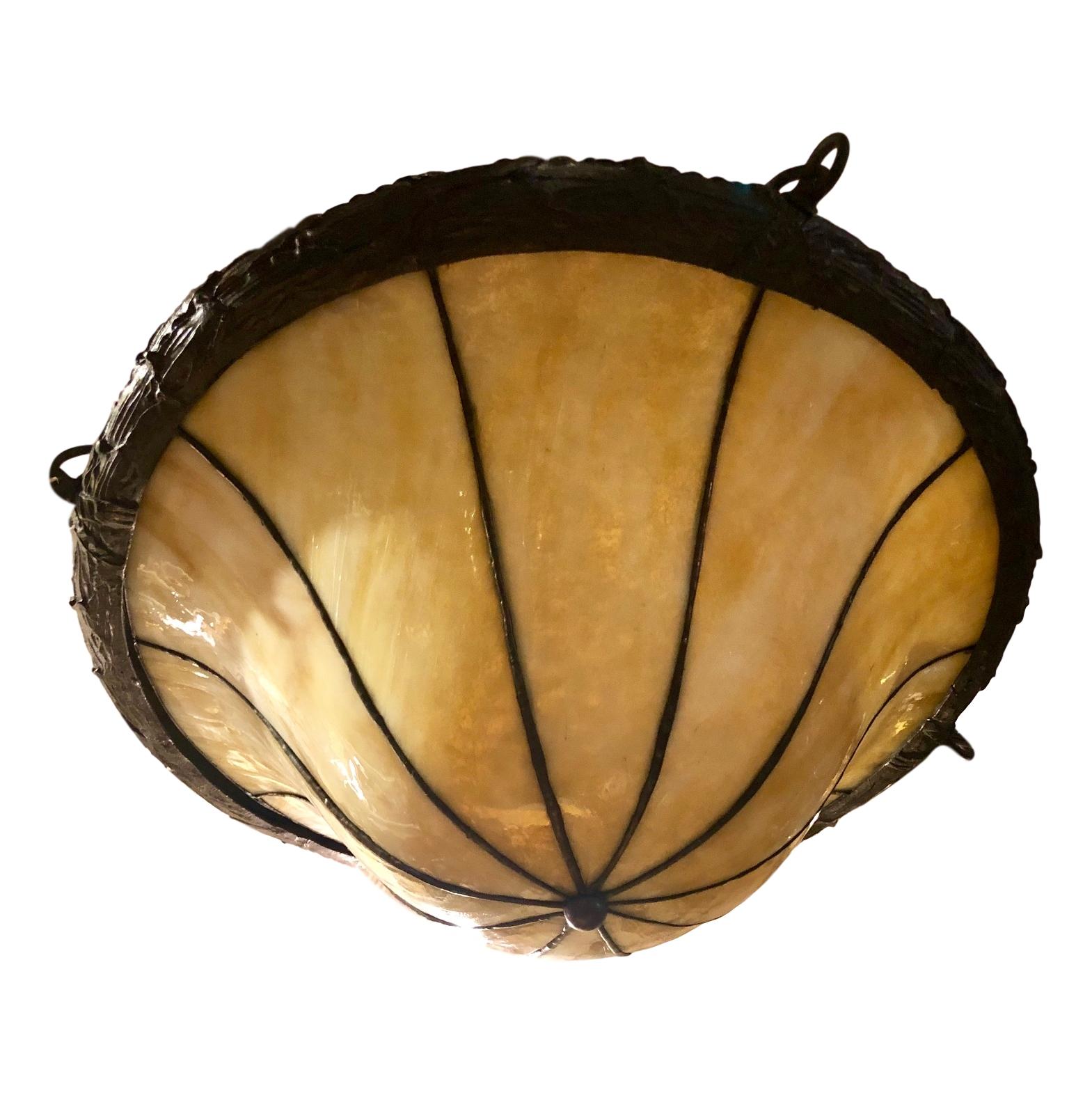 Early 20th Century Leaded Glass Pendant Light Fixture For Sale