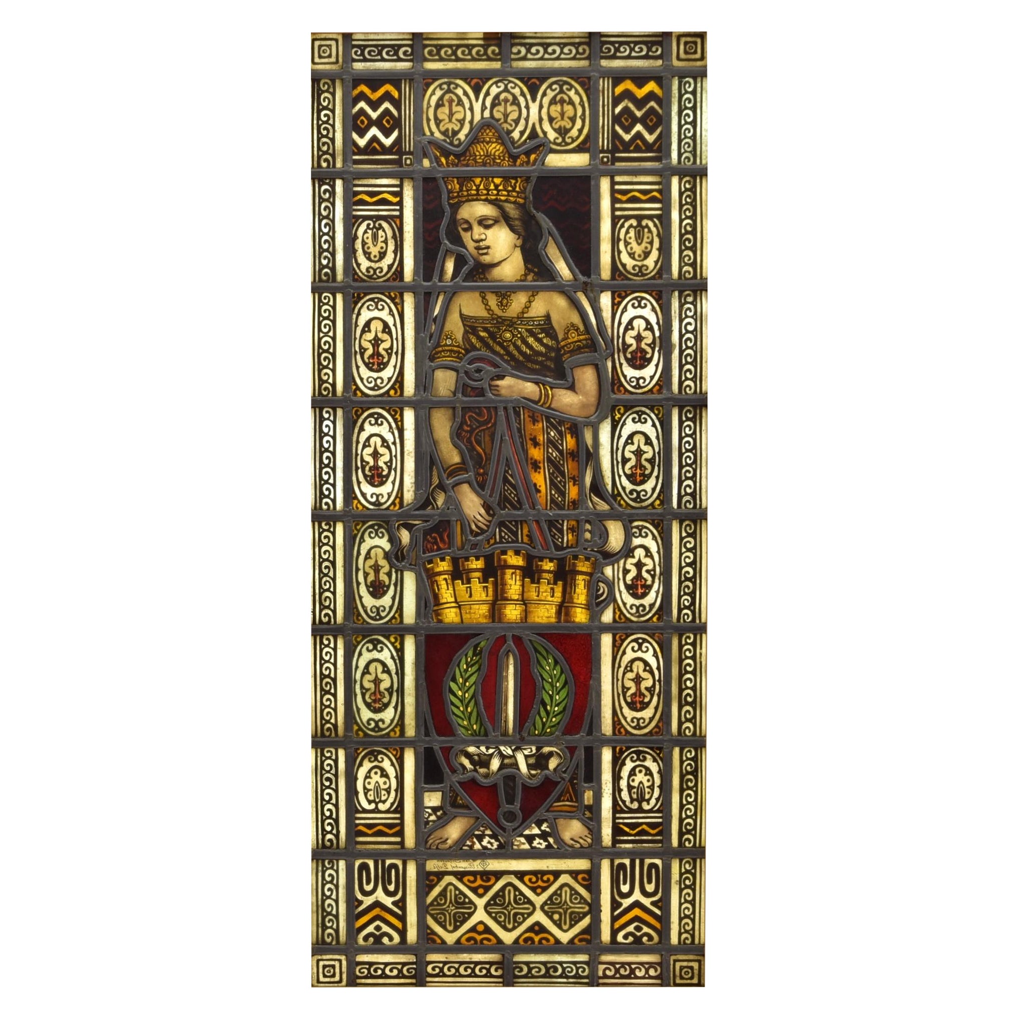 Finestra in vetro piombato raffigurante la Regina d'Oriente, 1899 ca. in vendita