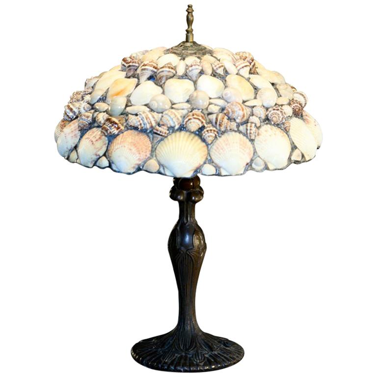 Leaded Seashell Lamp Art Nouveau Metal Base and Detailed Mosaic Shell Shade