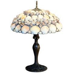 Leaded Seashell Lamp Art Nouveau Metal Base and Detailed Mosaic Shell Shade