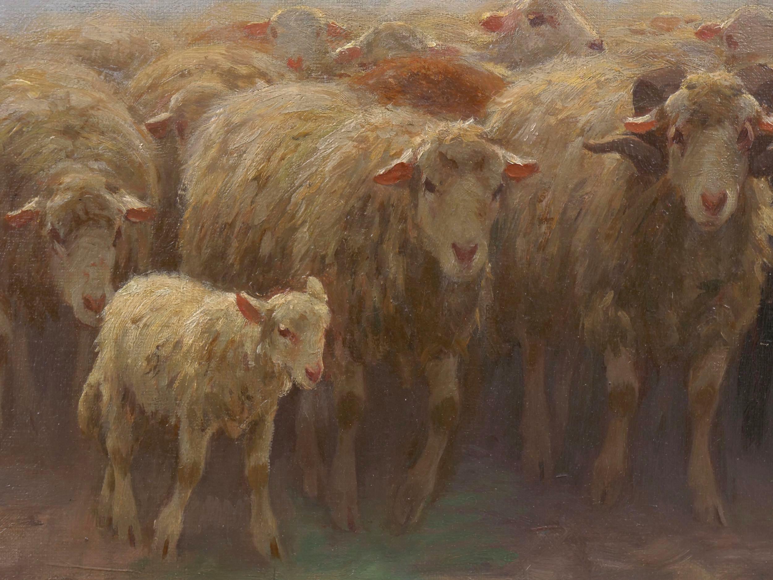 “Leading Her Flock” French Antique Barbizon Landscape Painting by Martin Coulaud 3