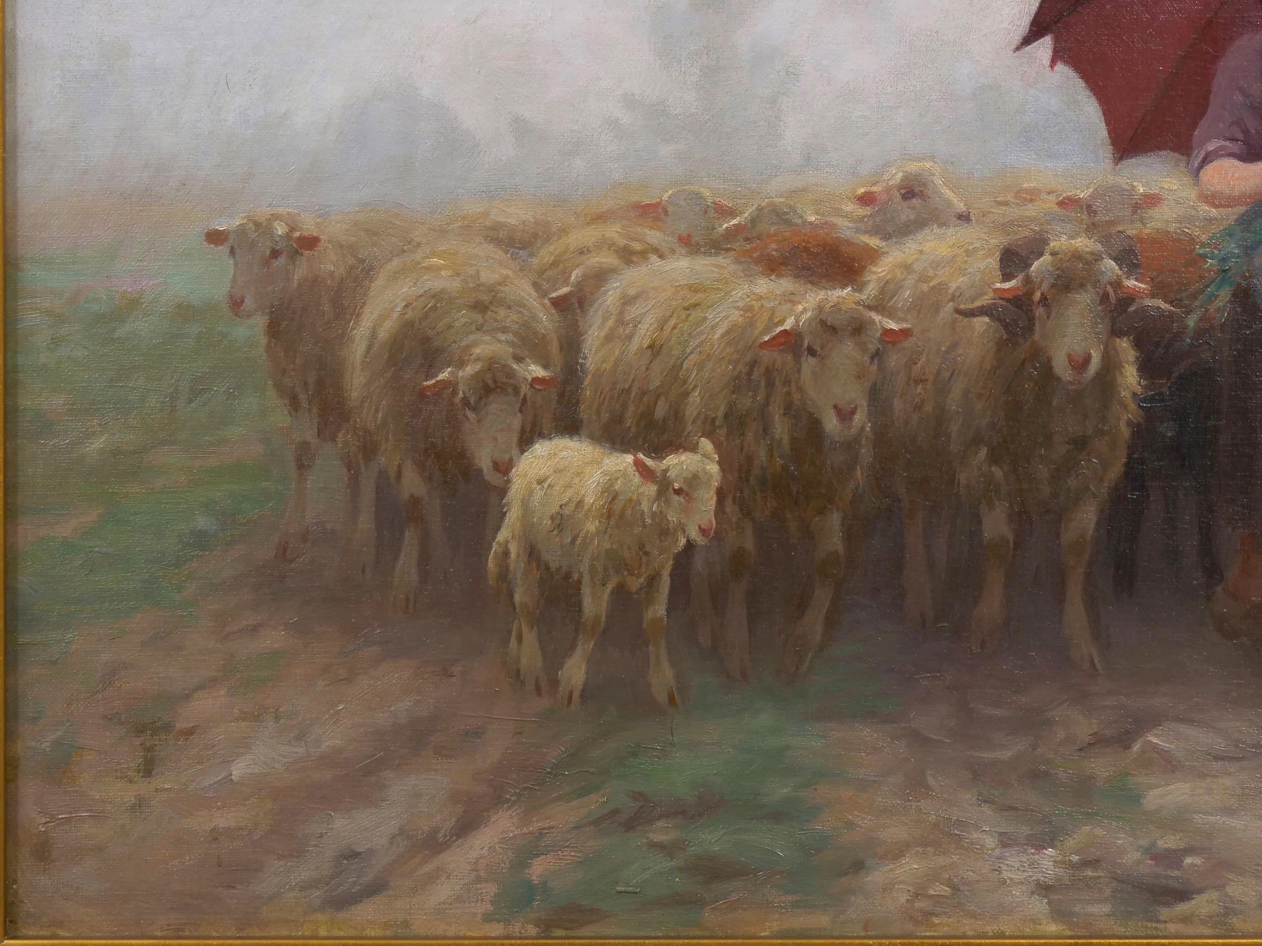 “Leading Her Flock” French Antique Barbizon Landscape Painting by Martin Coulaud In Good Condition In Shippensburg, PA