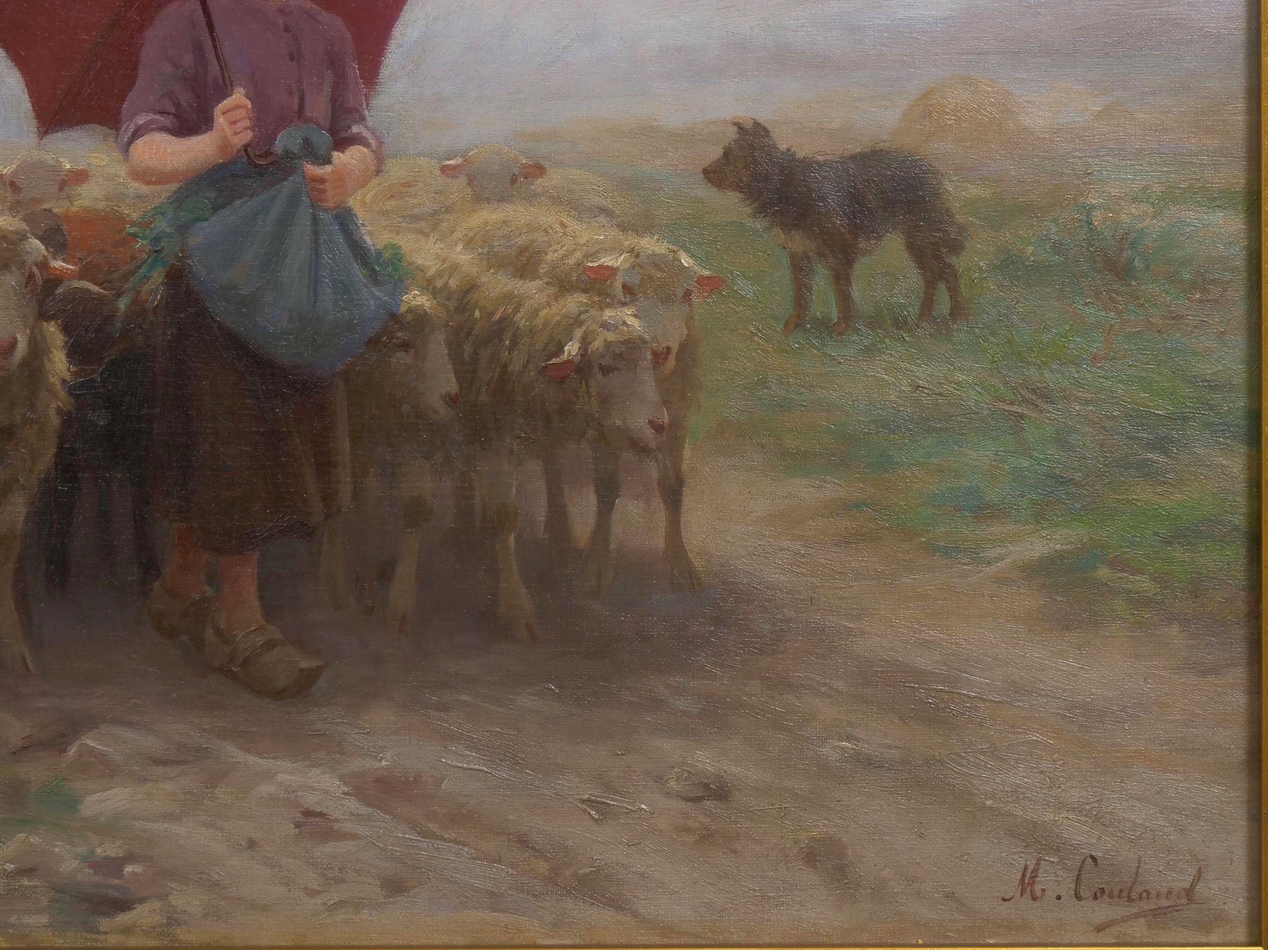 19th Century “Leading Her Flock” French Antique Barbizon Landscape Painting by Martin Coulaud