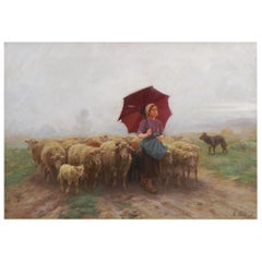 “Leading Her Flock” French Antique Barbizon Landscape Painting by Martin Coulaud