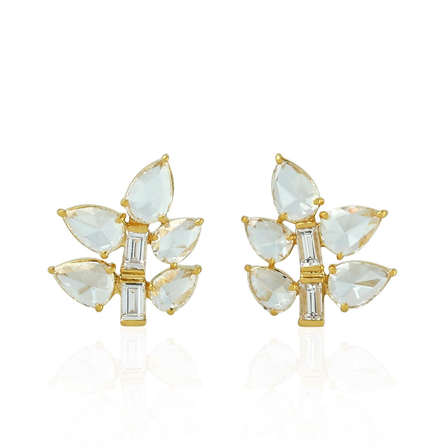 Mixed Cut Leaf 18 Karat Gold Diamond Stud Earrings For Sale