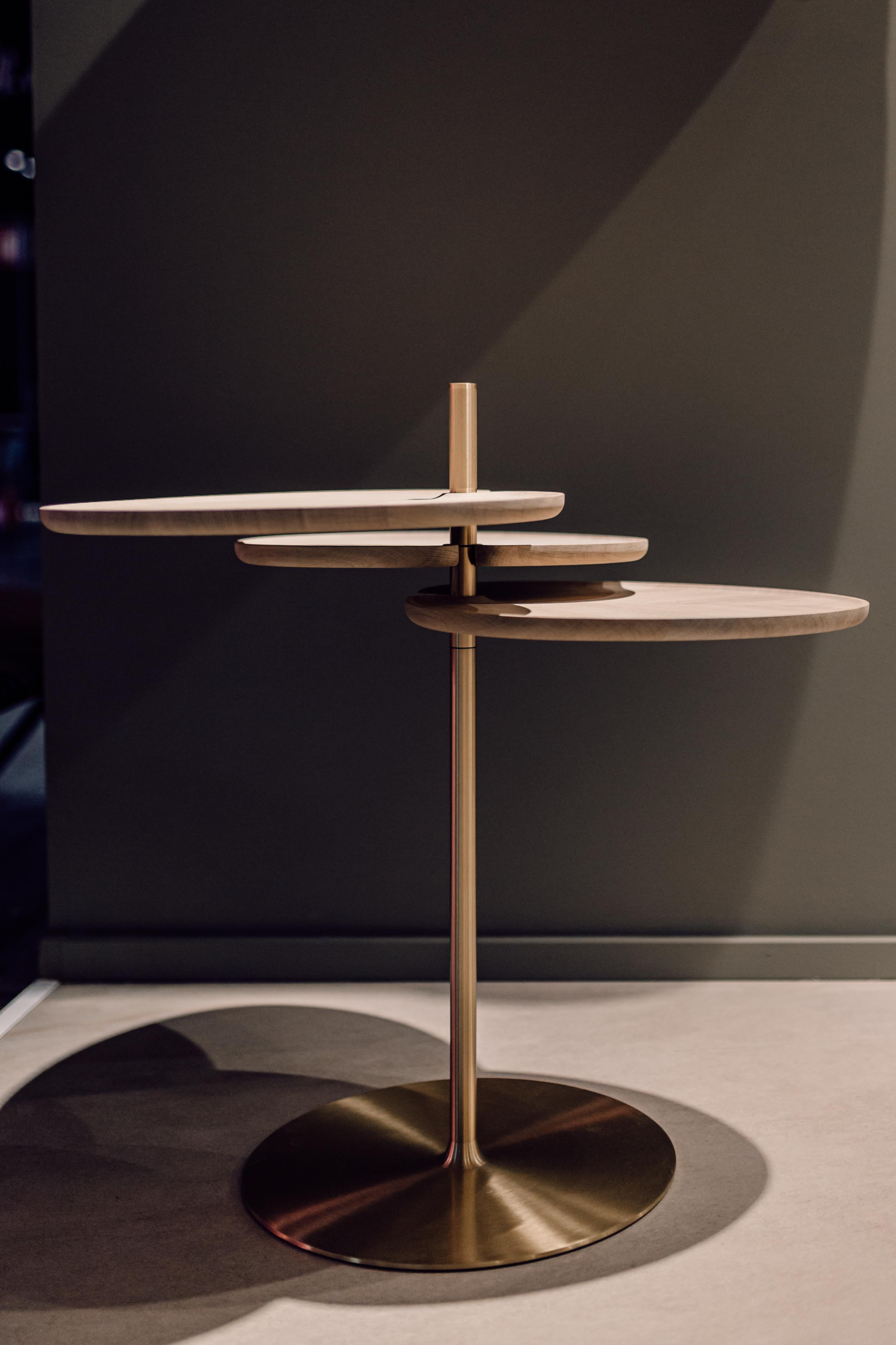 Modern Leaf 3 Side Table in Oak or Walnut top with Brass Bronze or Black Brass Base For Sale