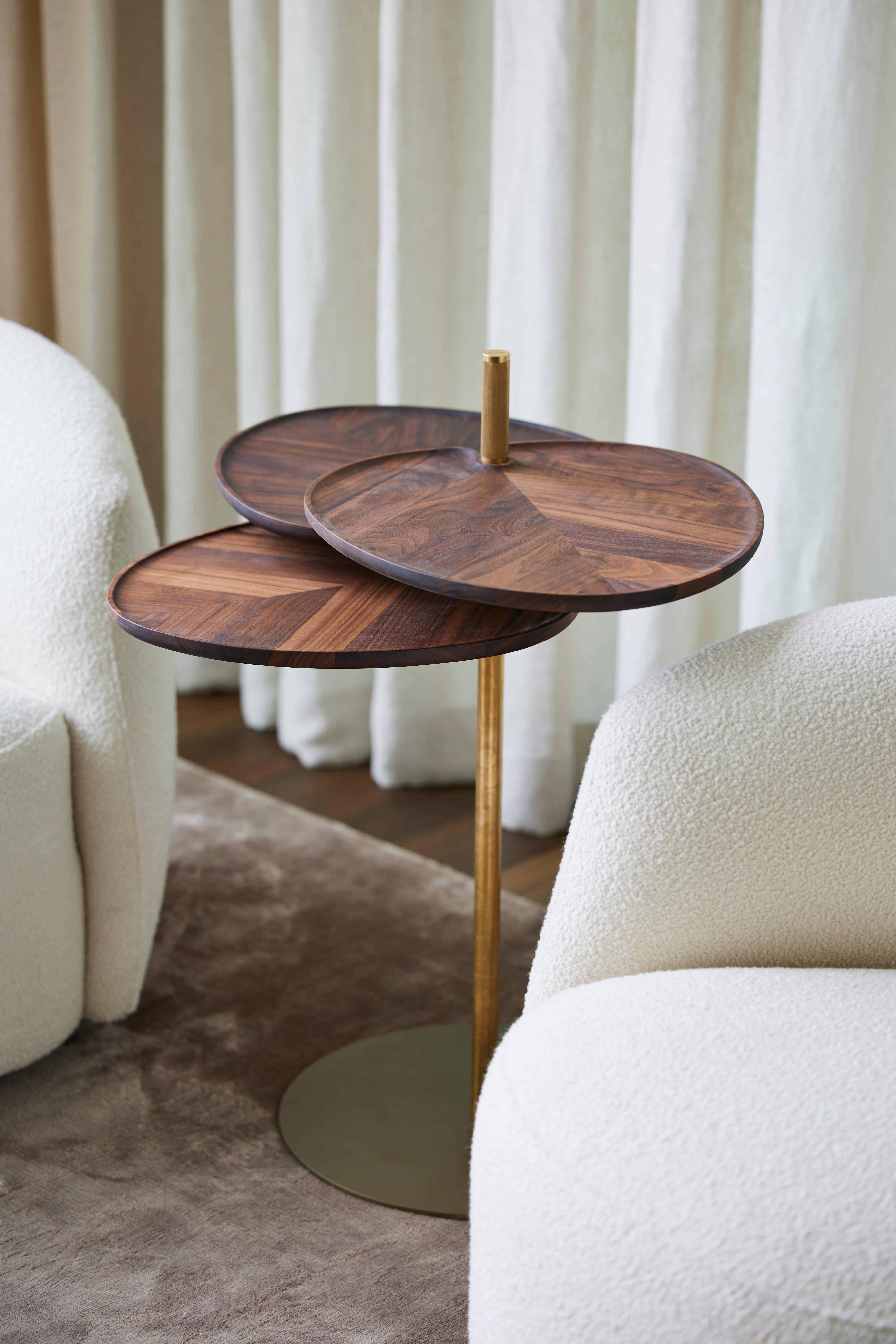Leaf 3 Side Table in Oak or Walnut top with Brass Bronze or Black Brass Base In New Condition For Sale In Rhinebeck, NY