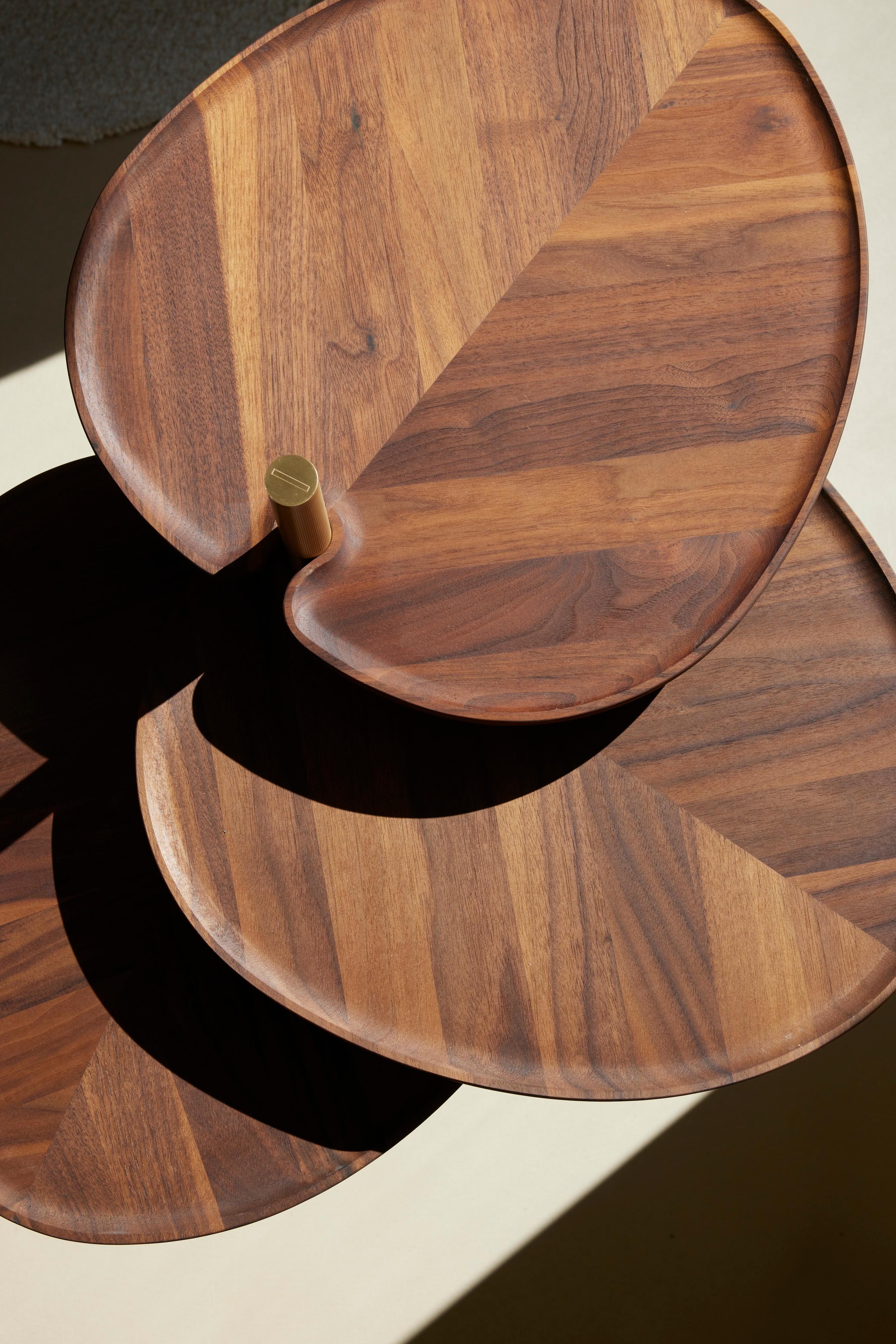 Contemporary Leaf 3 Side Table in Oak or Walnut top with Brass Bronze or Black Brass Base For Sale