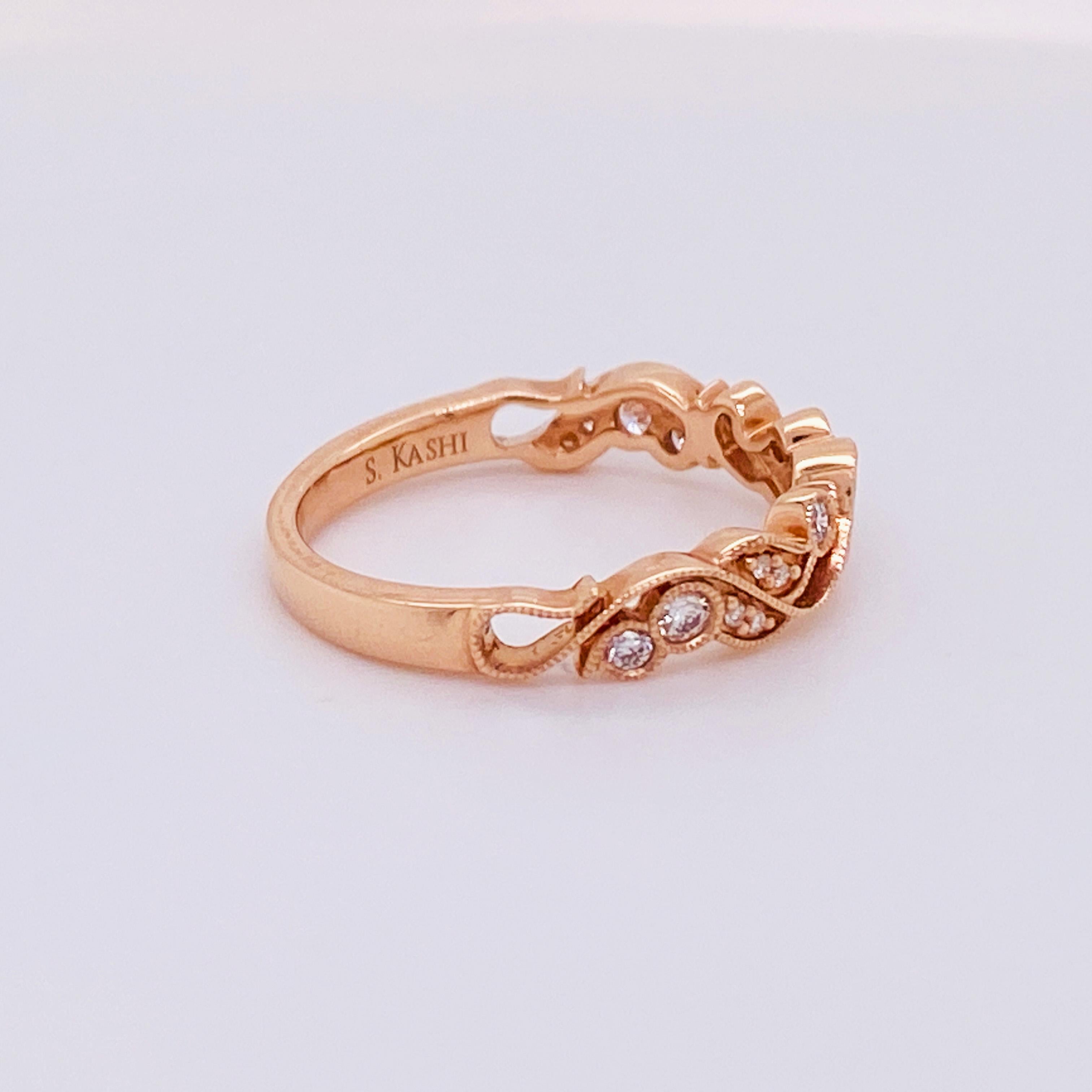 For Sale:  Leaf and Vine Diamond Ring .16 Carats in Rose Gold Stacking or Wedding Band LV 3