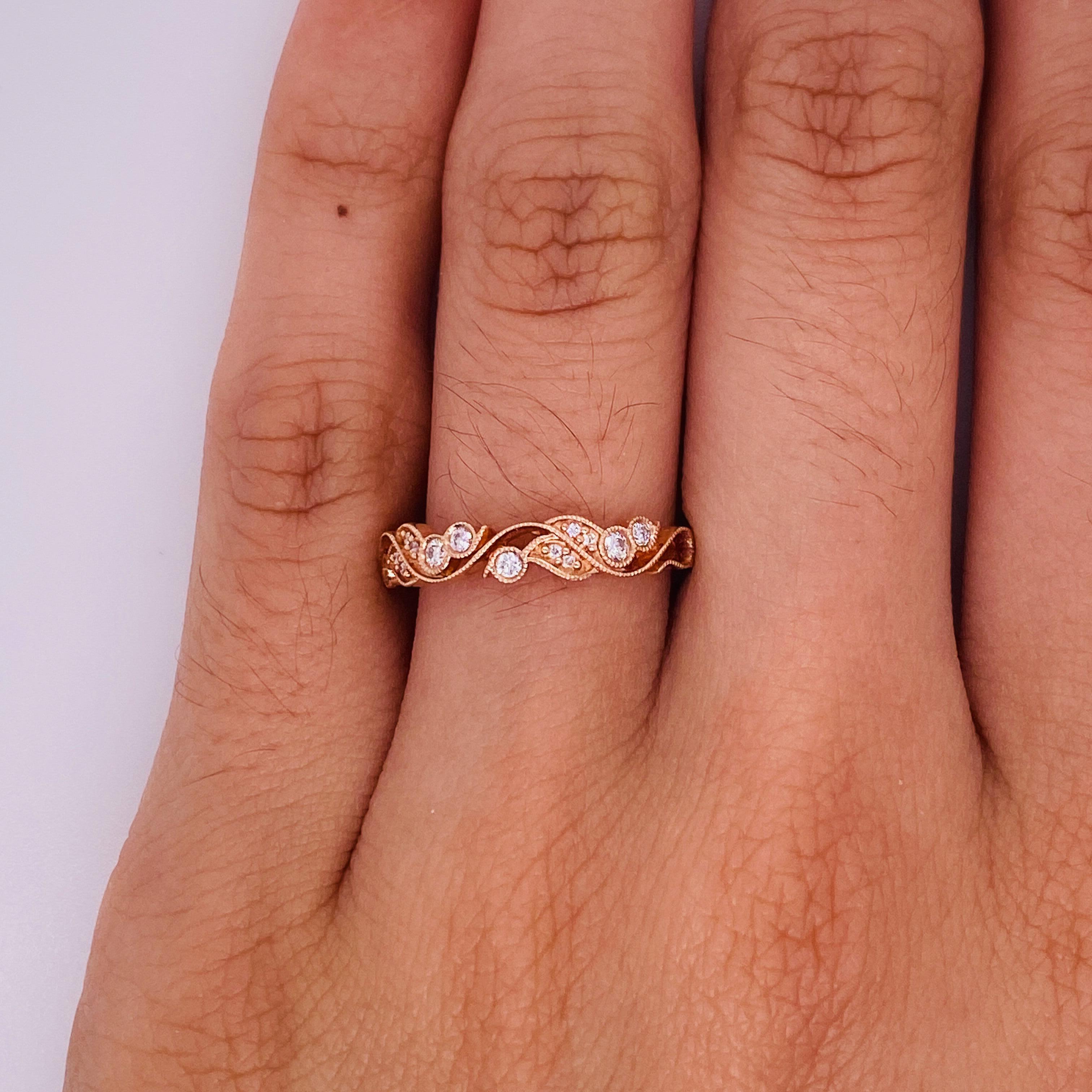 For Sale:  Leaf and Vine Diamond Ring .16 Carats in Rose Gold Stacking or Wedding Band LV 2