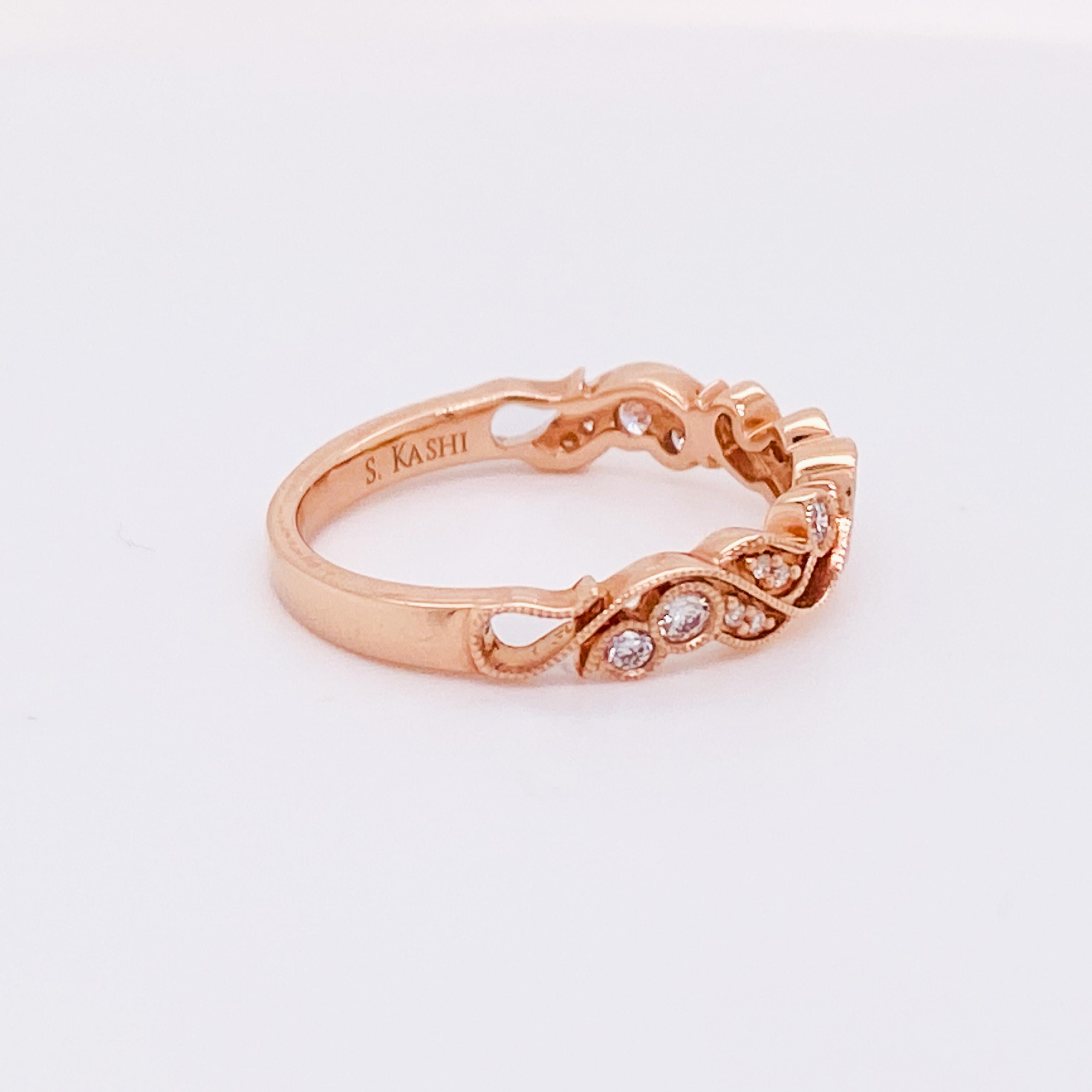 For Sale:  Leaf and Vine Diamond Ring .16 Carats in Rose Gold Stacking or Wedding Band LV 4
