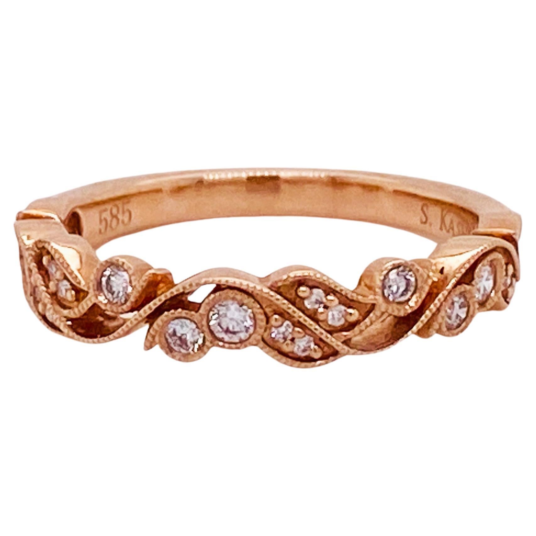 Leaf and Vine Diamond Ring .16 Carats in Rose Gold Stacking or Wedding Band LV